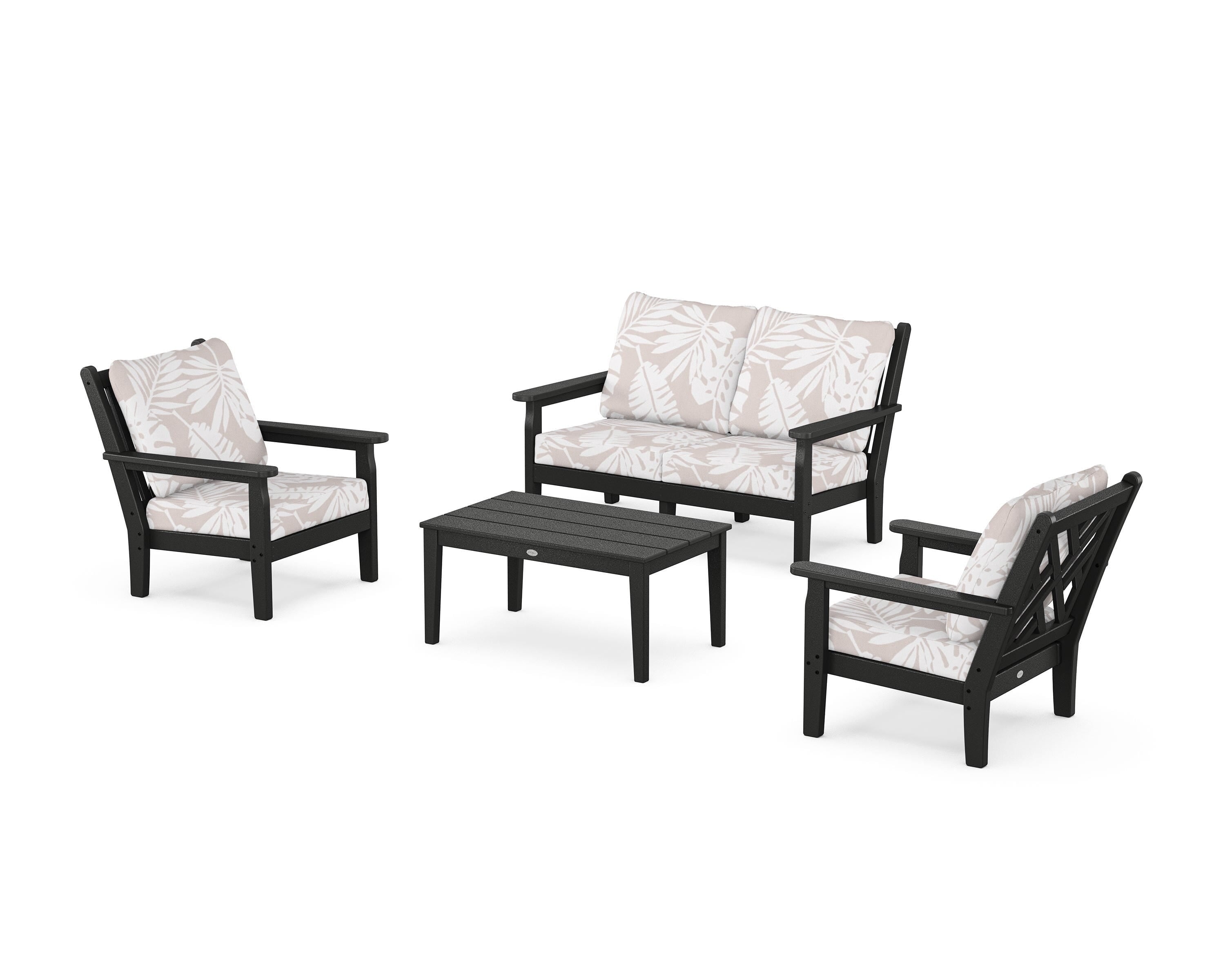 POLYWOOD® Chippendale 4-Piece Deep Seating Set with Loveseat in Black / Leaf Dune Burlap