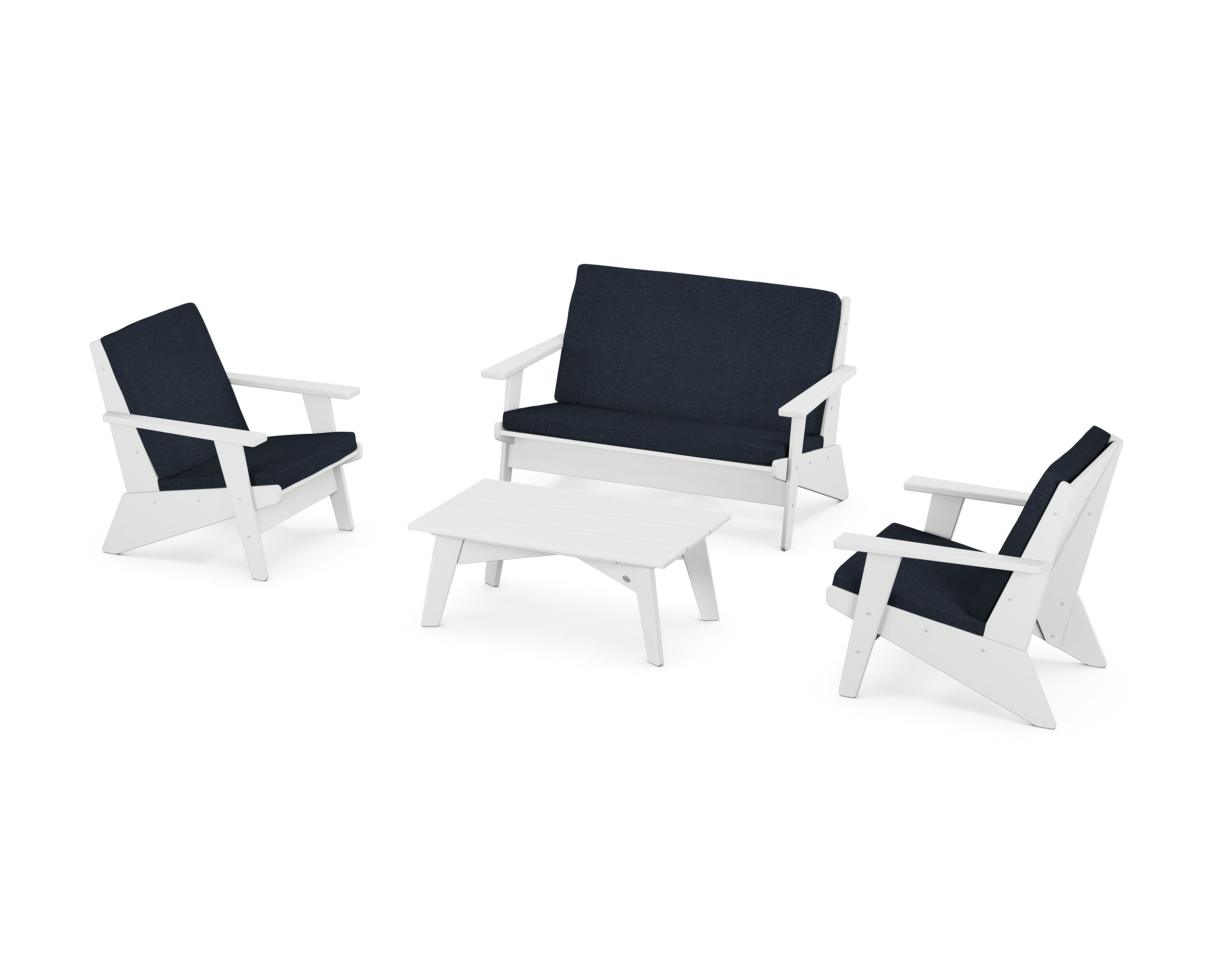 POLYWOOD® Riviera Modern Lounge 4-Piece Set in White / Marine Indigo