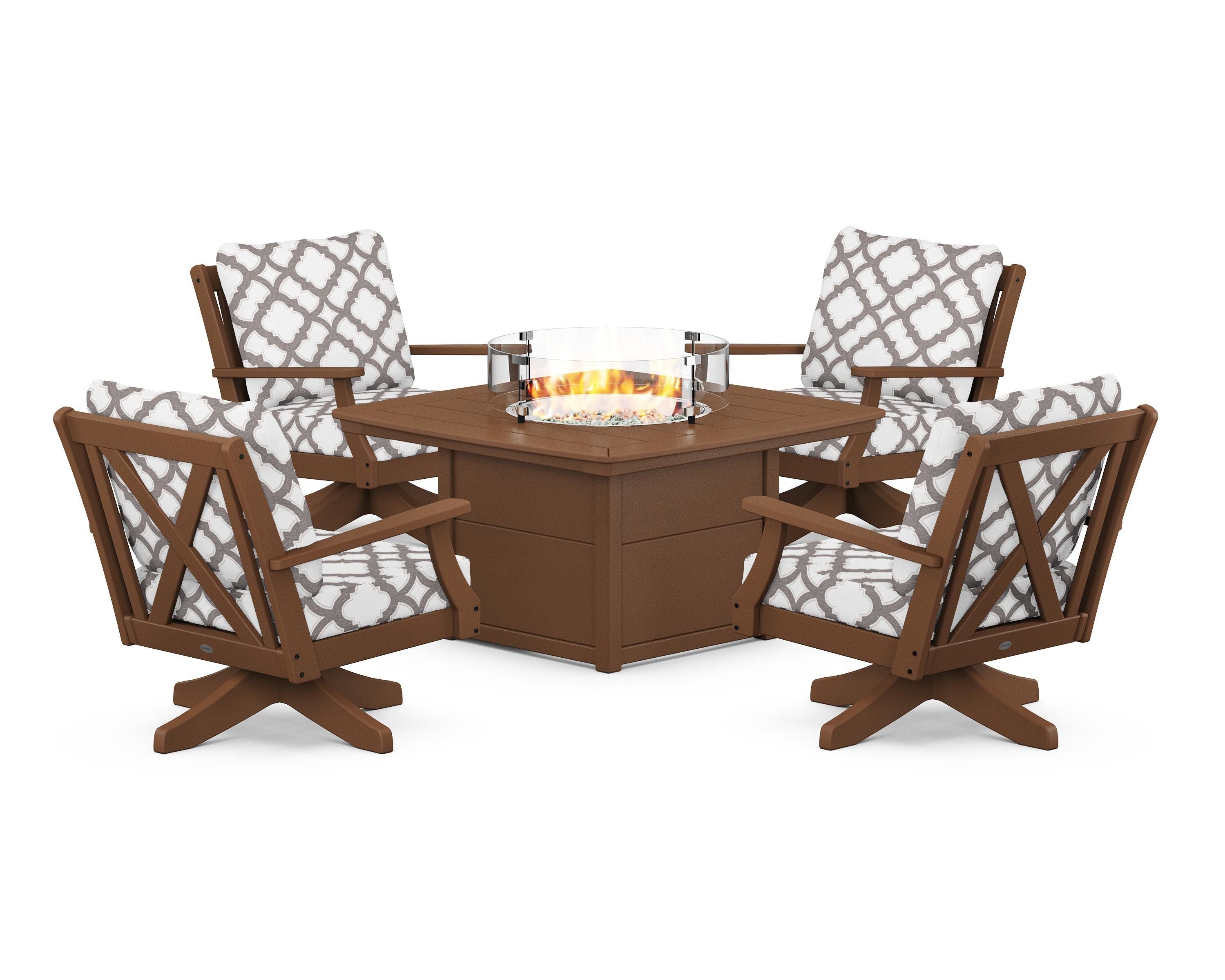 POLYWOOD® Braxton 5-Piece Deep Seating Swivel Conversation Set with Fire Pit Table in Teak / Trellis Grey Mist