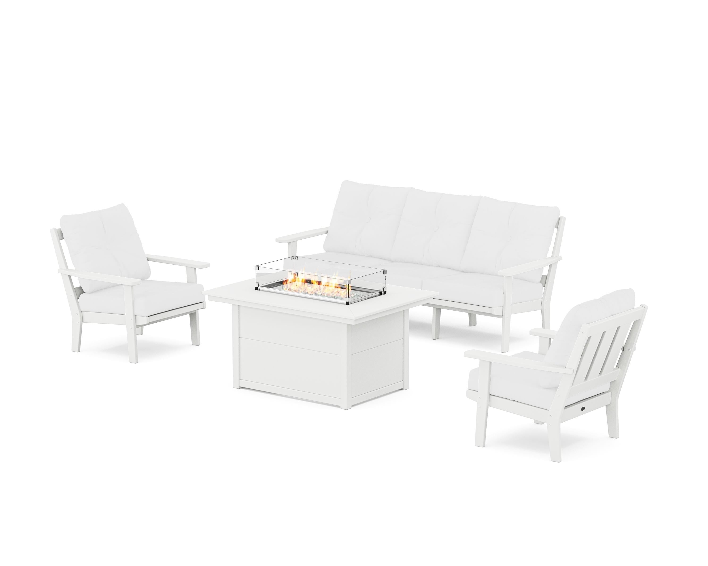 POLYWOOD® Oxford Deep Seating Fire Pit Table Set in White / Natural