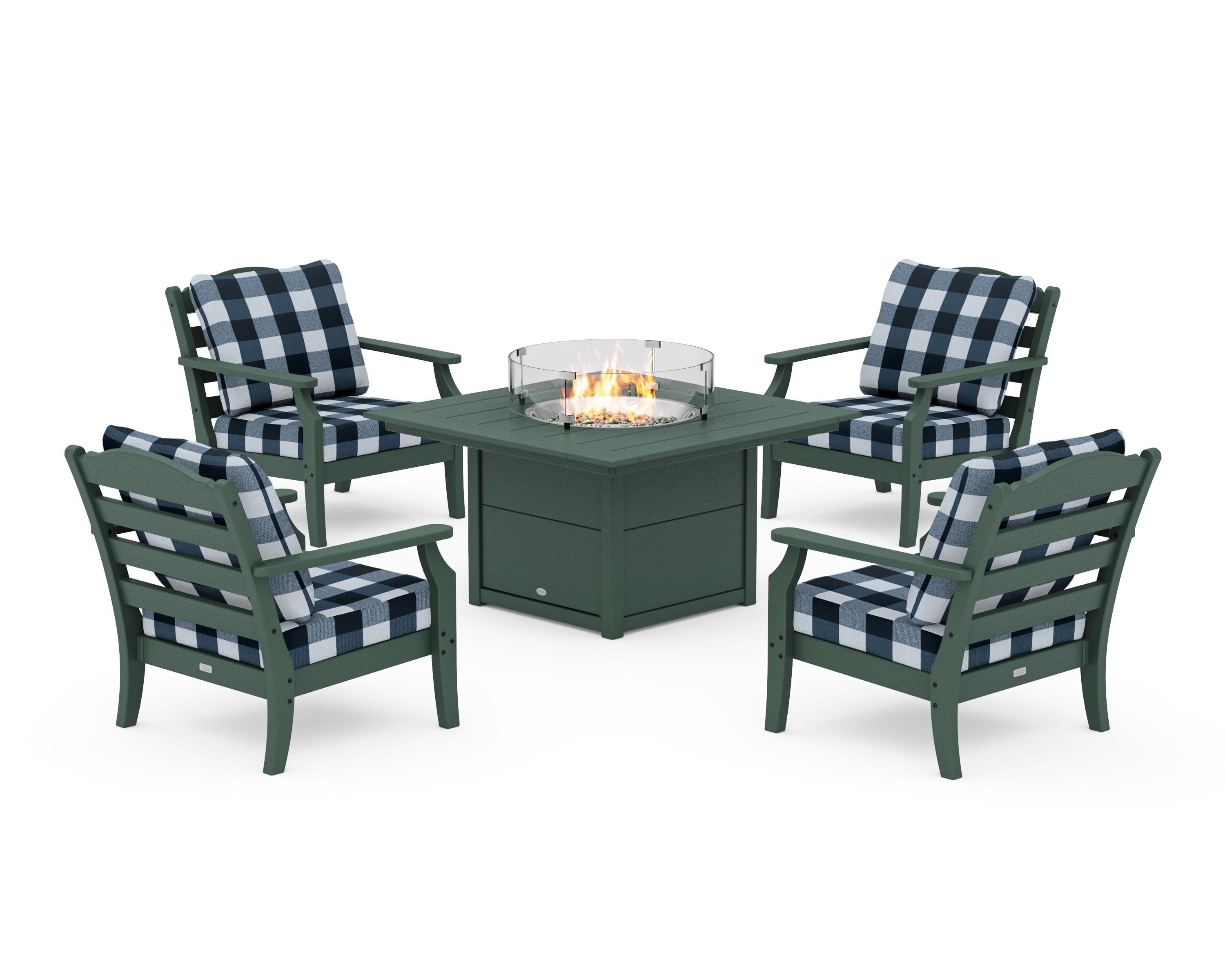 Draper James™ by POLYWOOD® Savannah 5-Piece Deep Seating Set with Fire Pit Table in Green / Buffalo Plaid Marine Indigo