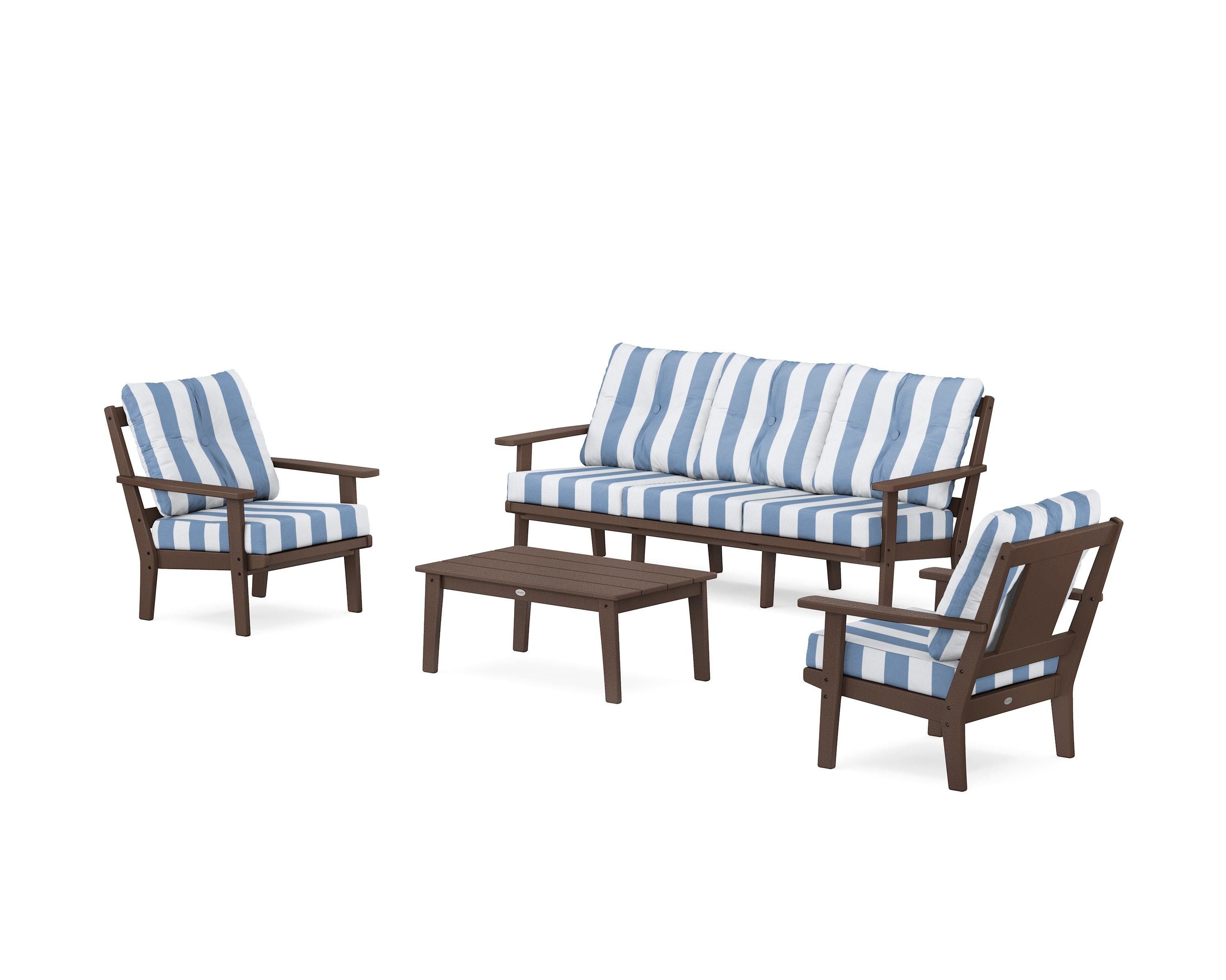 POLYWOOD® Prairie 4-Piece Deep Seating Set with Sofa in Mahogany / Cabana Stripe Sky Blue