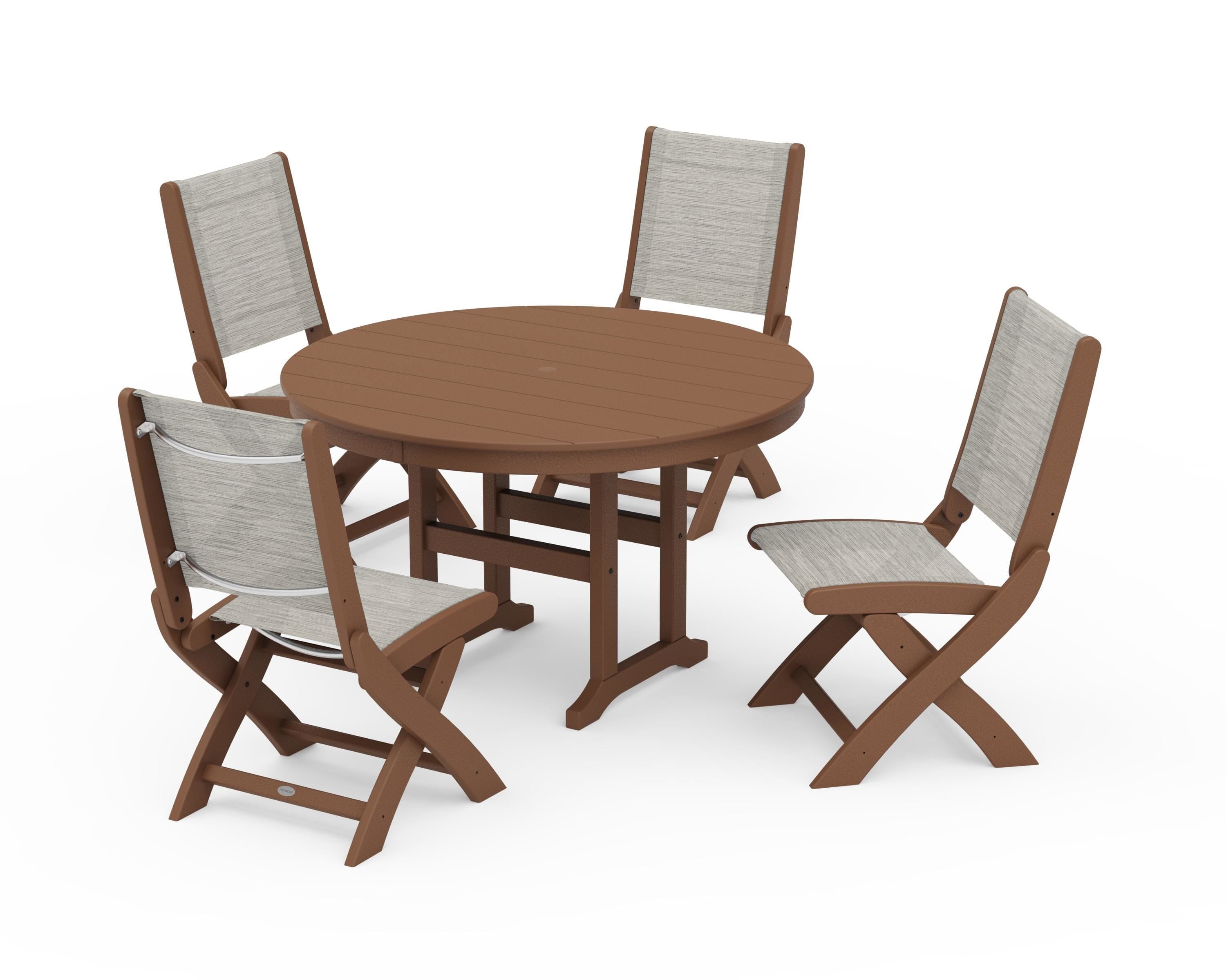 POLYWOOD® Coastal Folding Side Chair 5-Piece Round Dining Set in Teak / Birch Sling