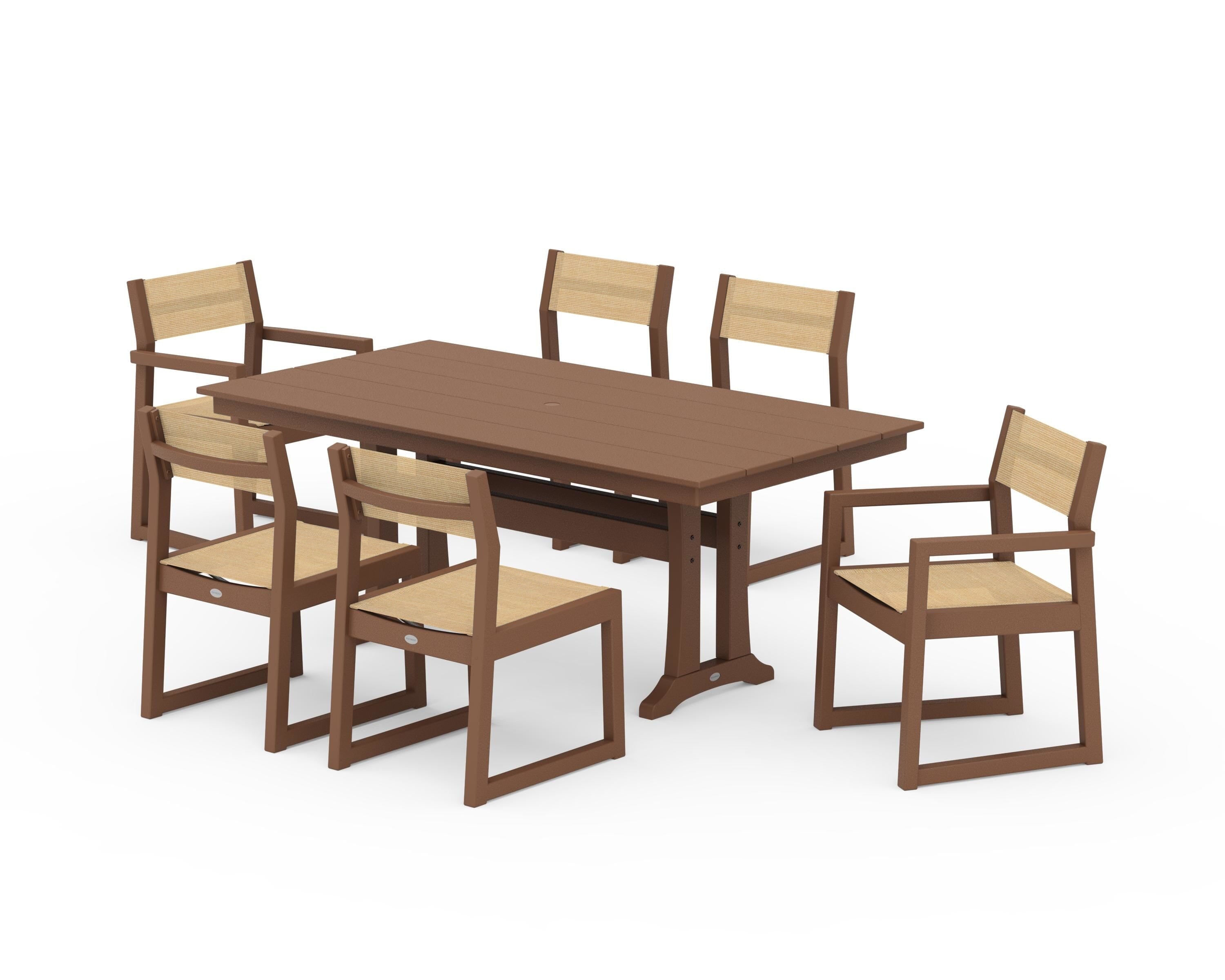 POLYWOOD® EDGE Sling 7-Piece Farmhouse Trestle Dining Set in Teak / Dupioni Apricot Sling