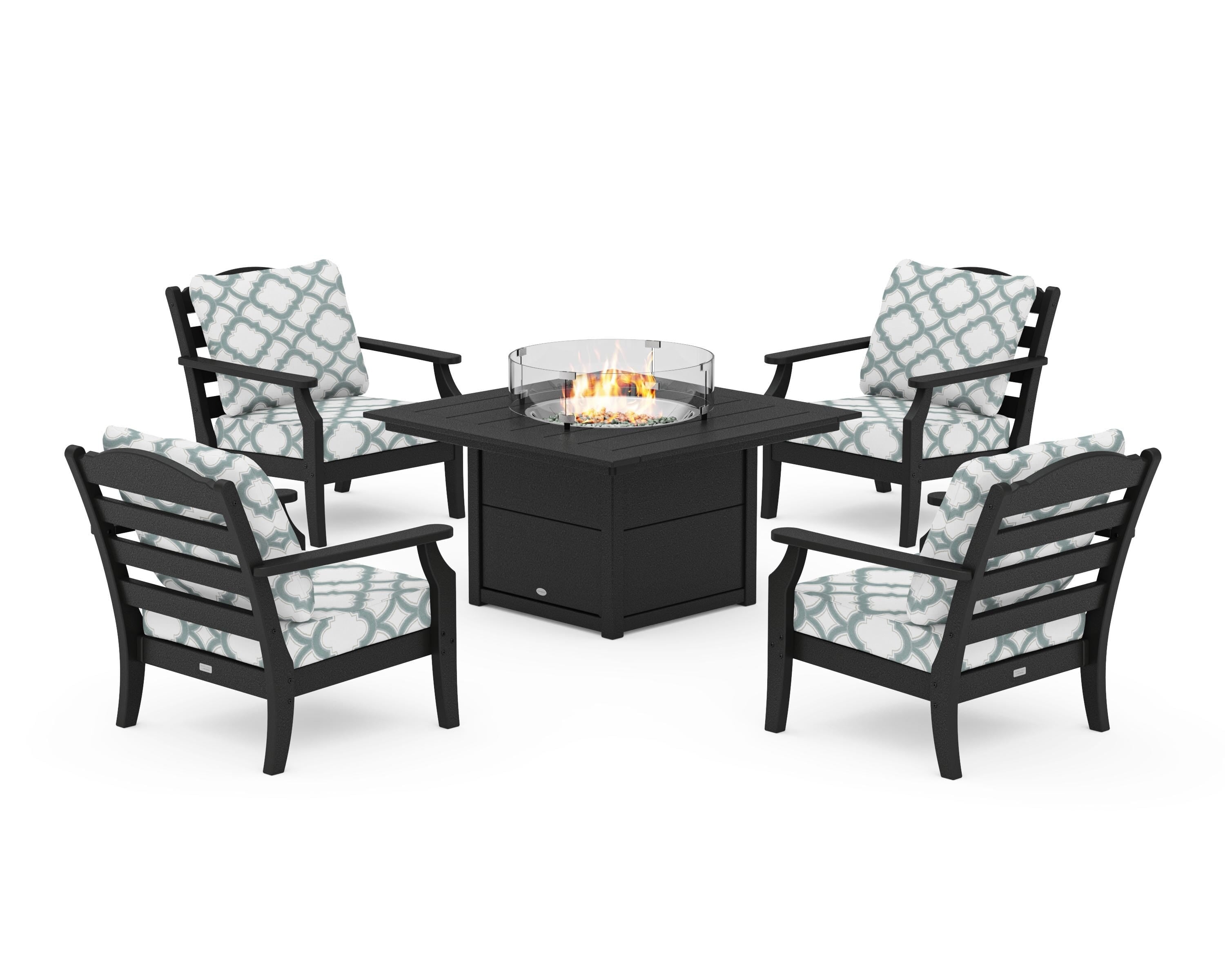 Draper James™ by POLYWOOD® Savannah 5-Piece Deep Seating Set with Fire Pit Table in Black / Trellis Glacier Spa