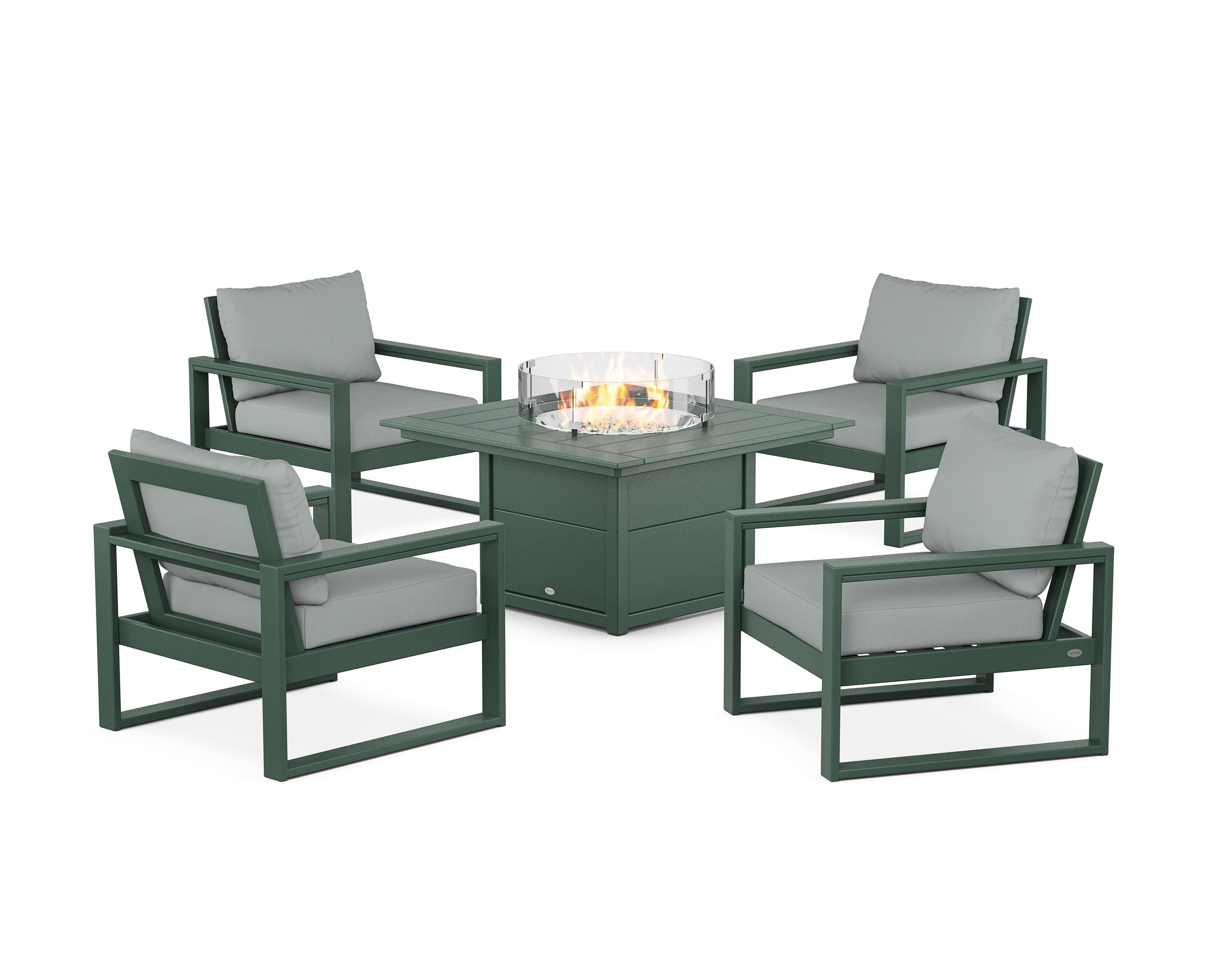 POLYWOOD® EDGE Sectional 5-Piece Deep Seating Set with Fire Pit Table in Green / Spa