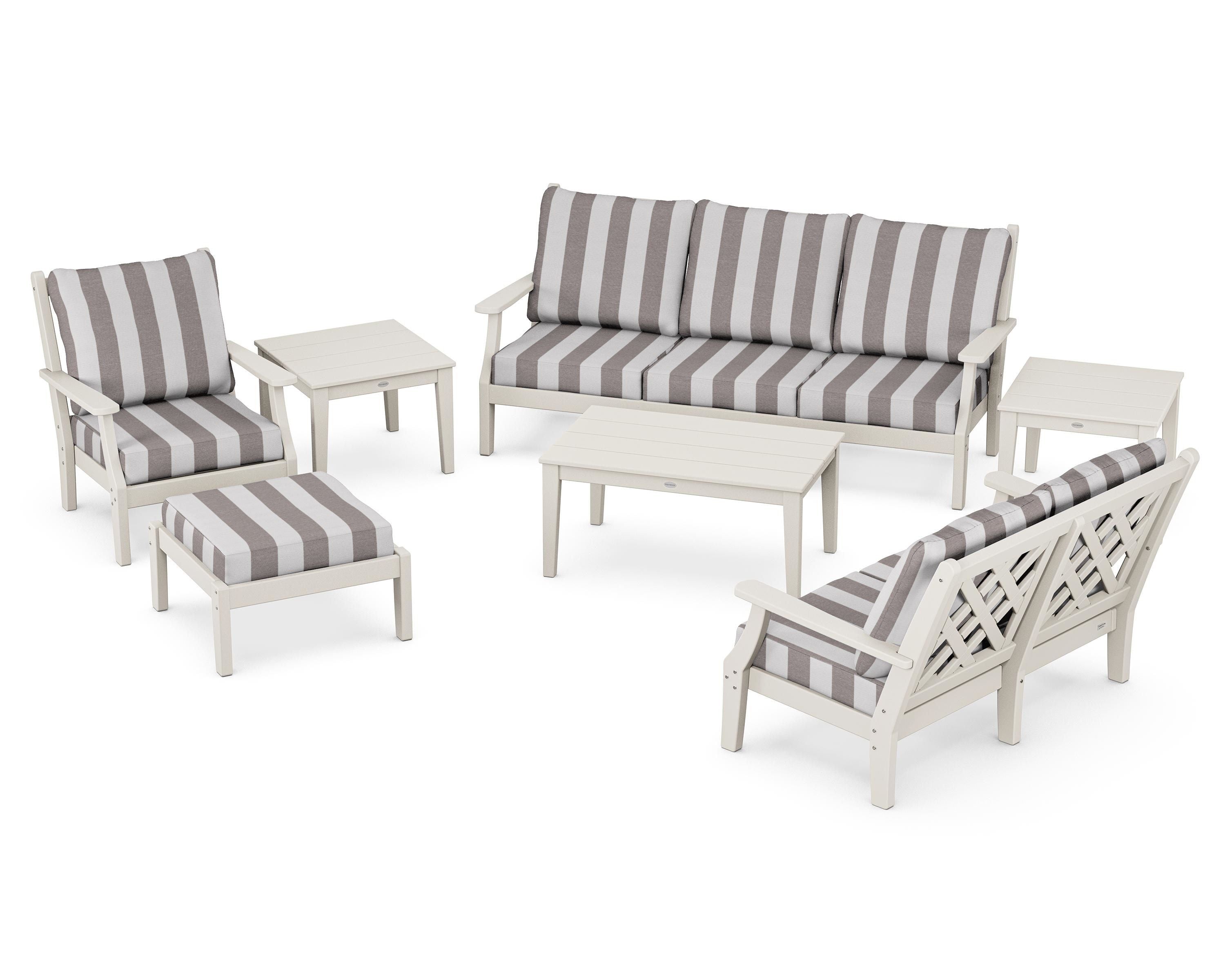 Country Living Wovendale 7-Piece Deep Seating Set in Sand / Cabana Stripe Grey Mist