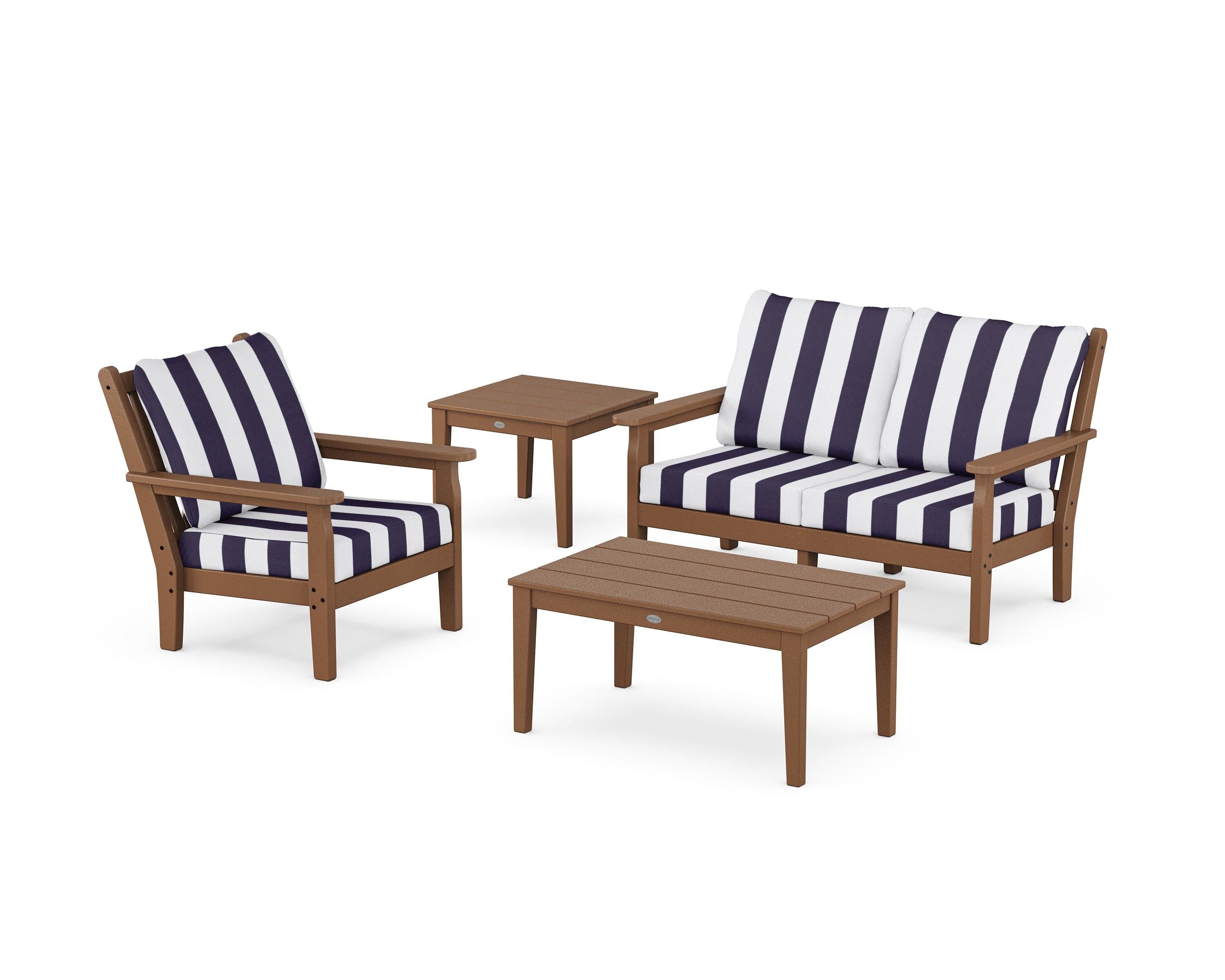 POLYWOOD® Chippendale 4-Piece Deep Seating Set in Teak / Cabana Stripe Navy