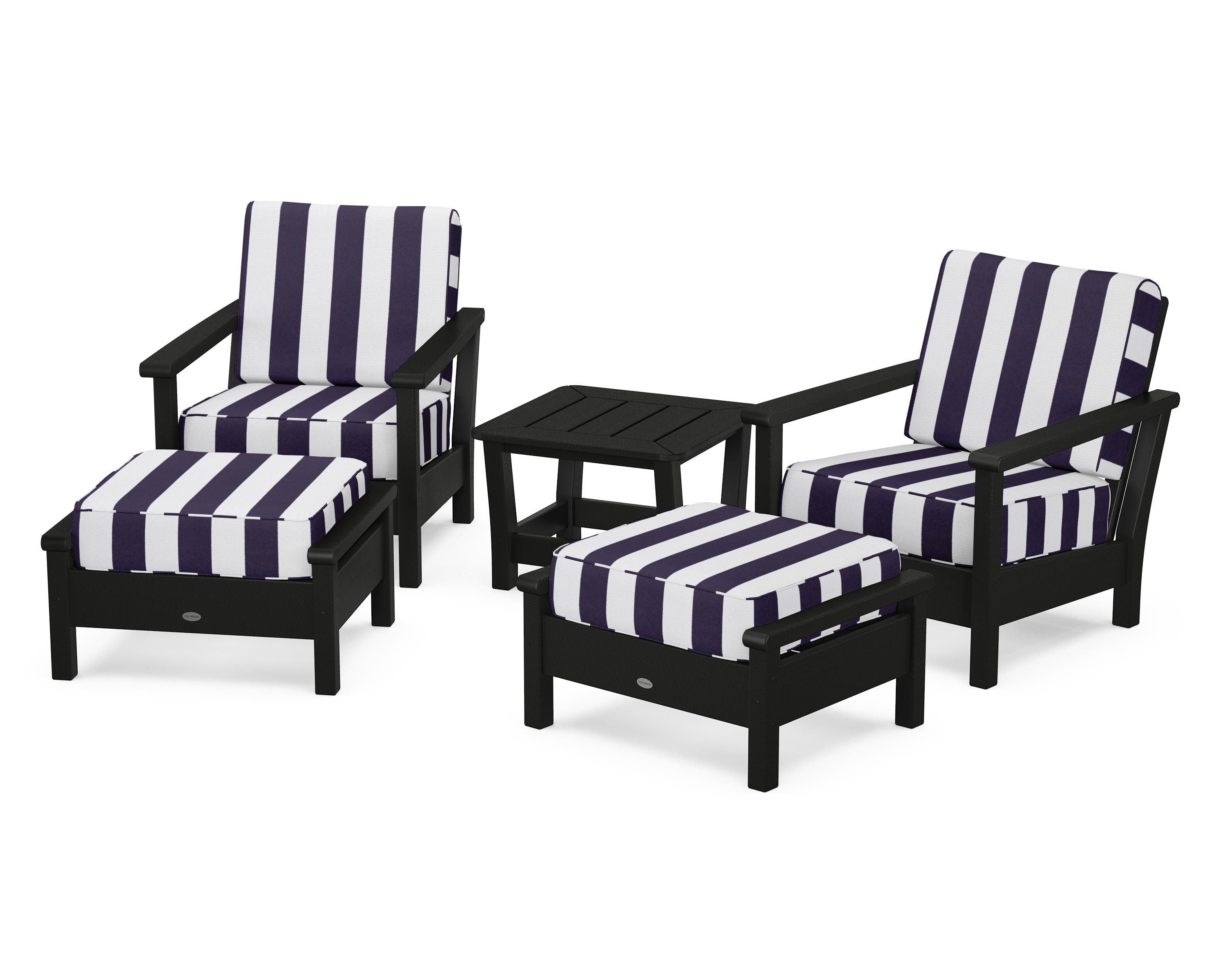 POLYWOOD® Harbour 5-Piece Deep Seating Chair Set in Black / Cabana Stripe Navy