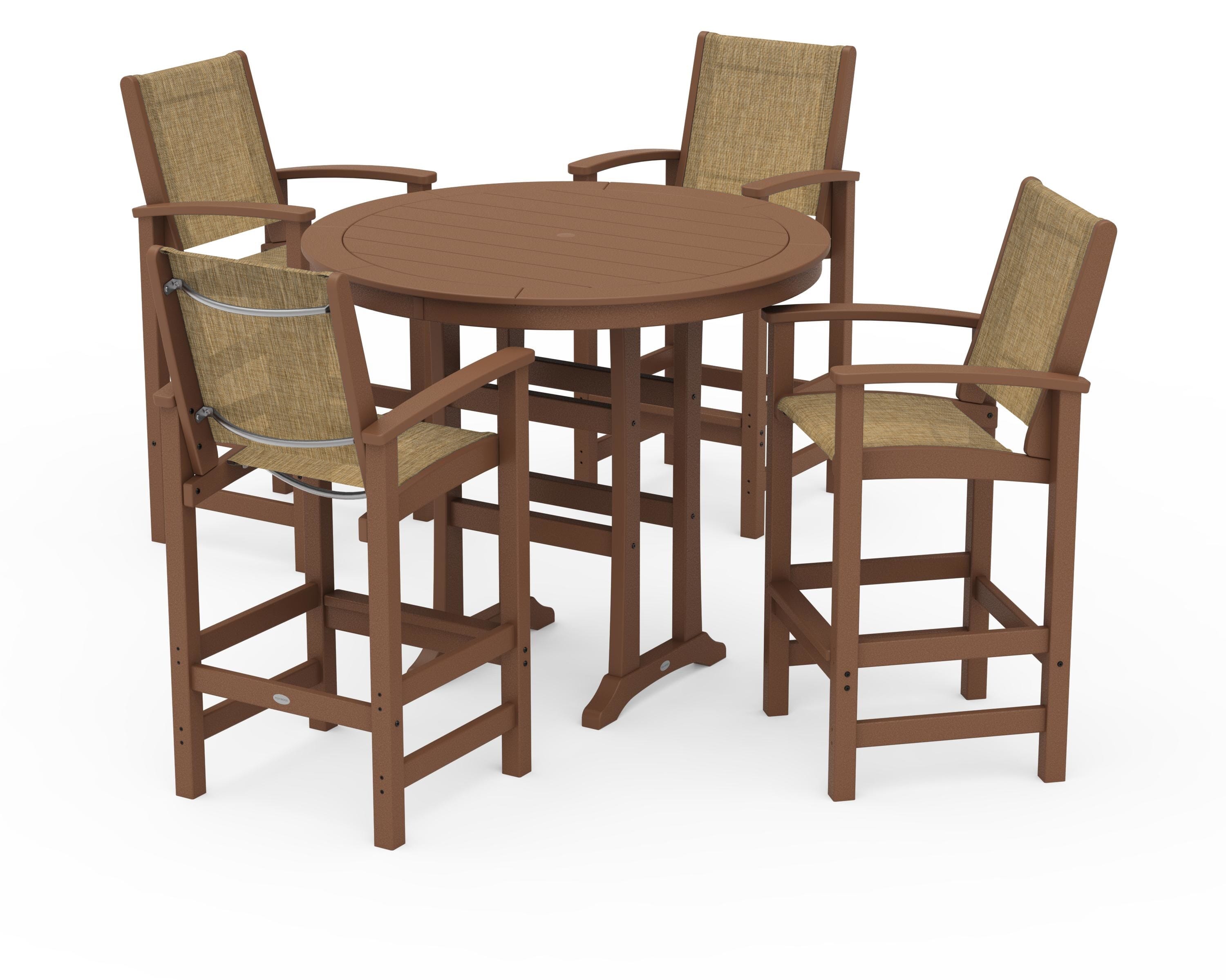 POLYWOOD® Coastal 5-Piece Nautical Trestle Bar Set in Teak / Burlap Sling