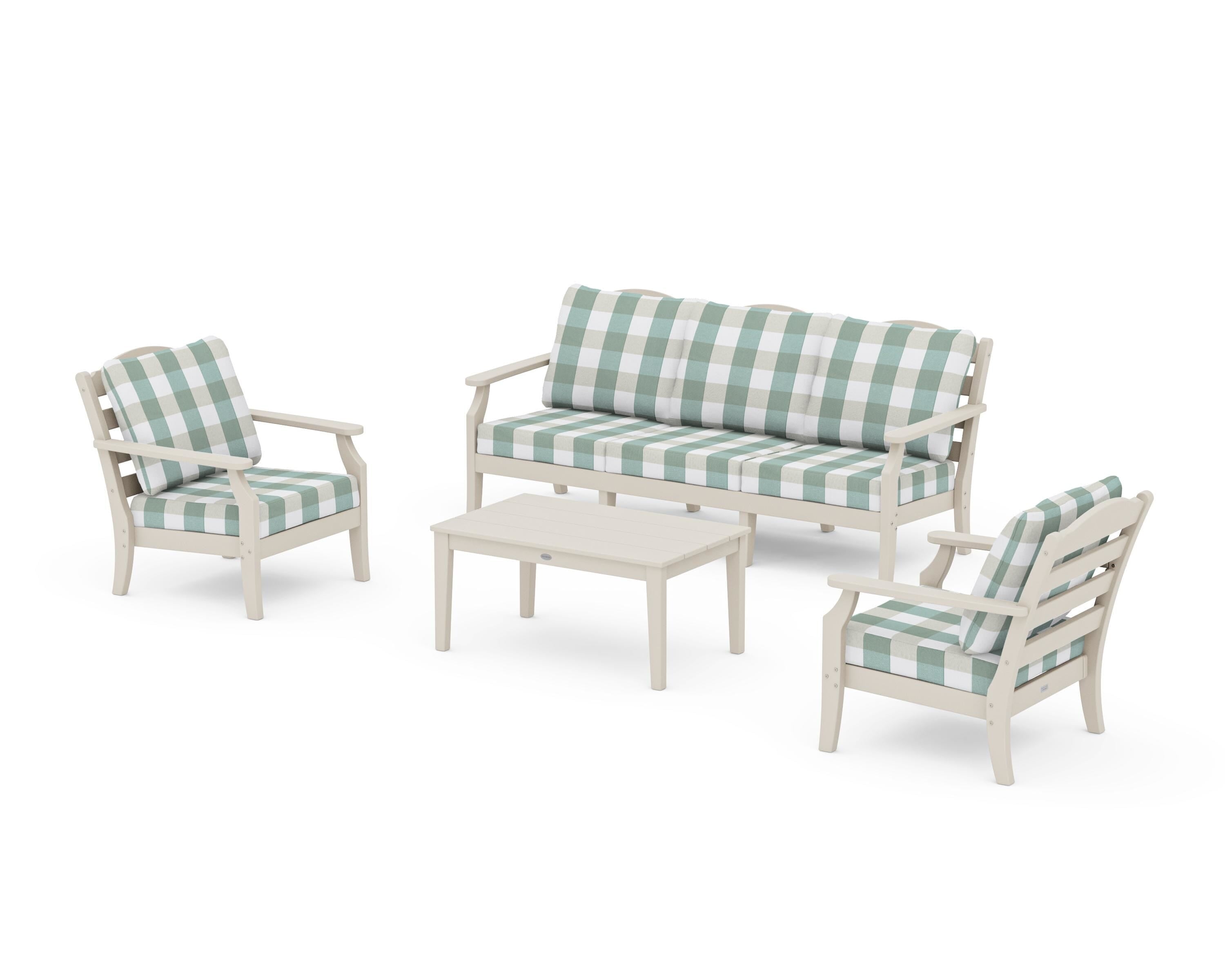 Draper James™ by POLYWOOD® Savannah 4-Piece Deep Seating Set with Sofa in Sand / Buffalo Plaid Glacier Spa