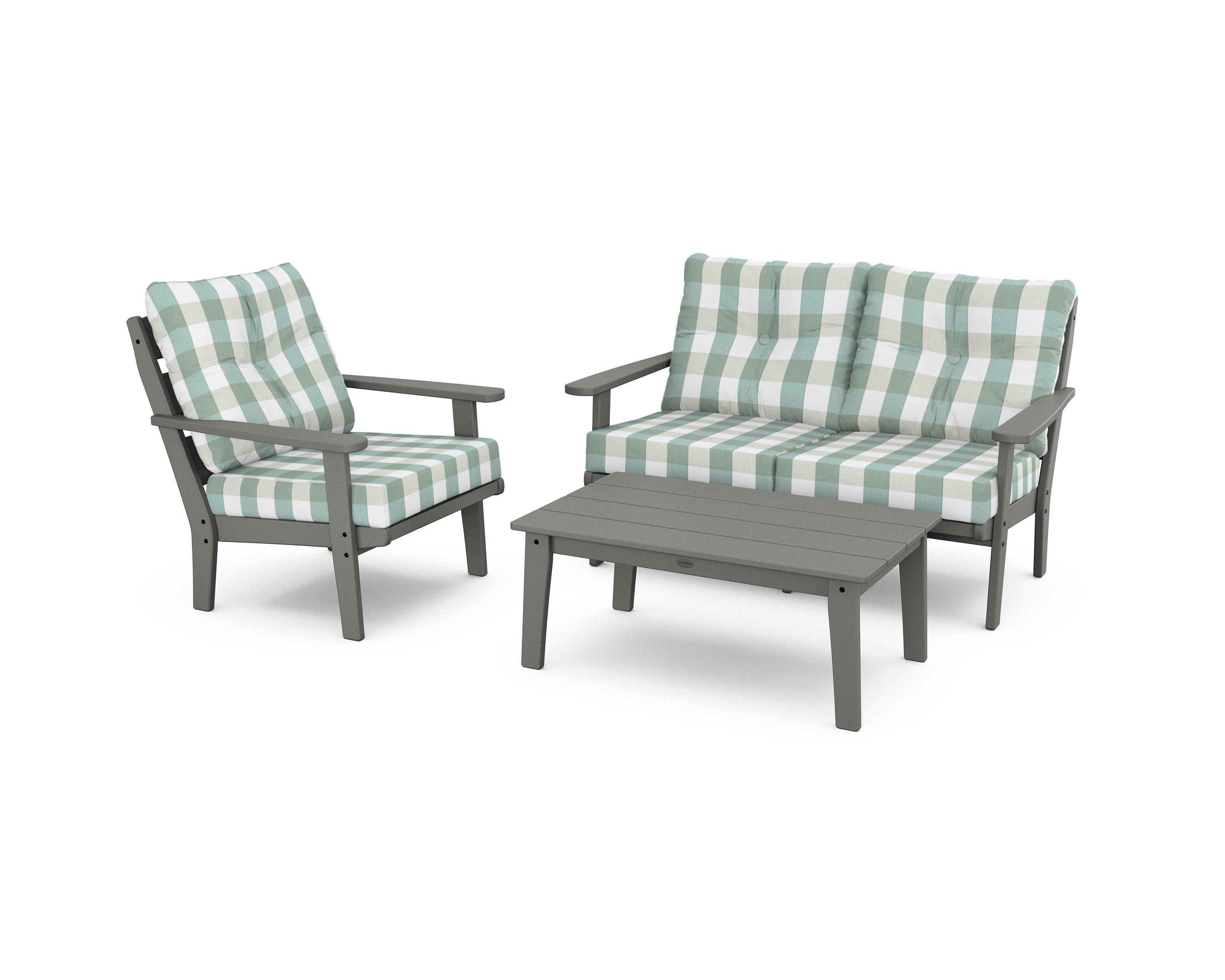 POLYWOOD® Lakeside 3-Piece Deep Seating Set in Slate Grey / Buffalo Plaid Glacier Spa