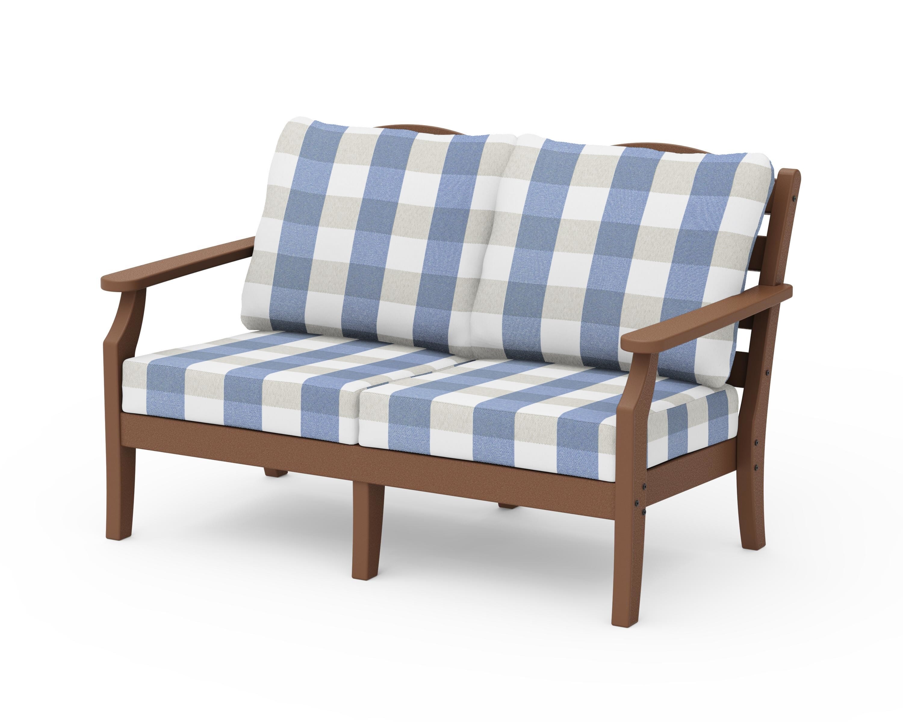Draper James™ by POLYWOOD® Savannah Deep Seating Loveseat in Teak / Buffalo Plaid Sky Blue