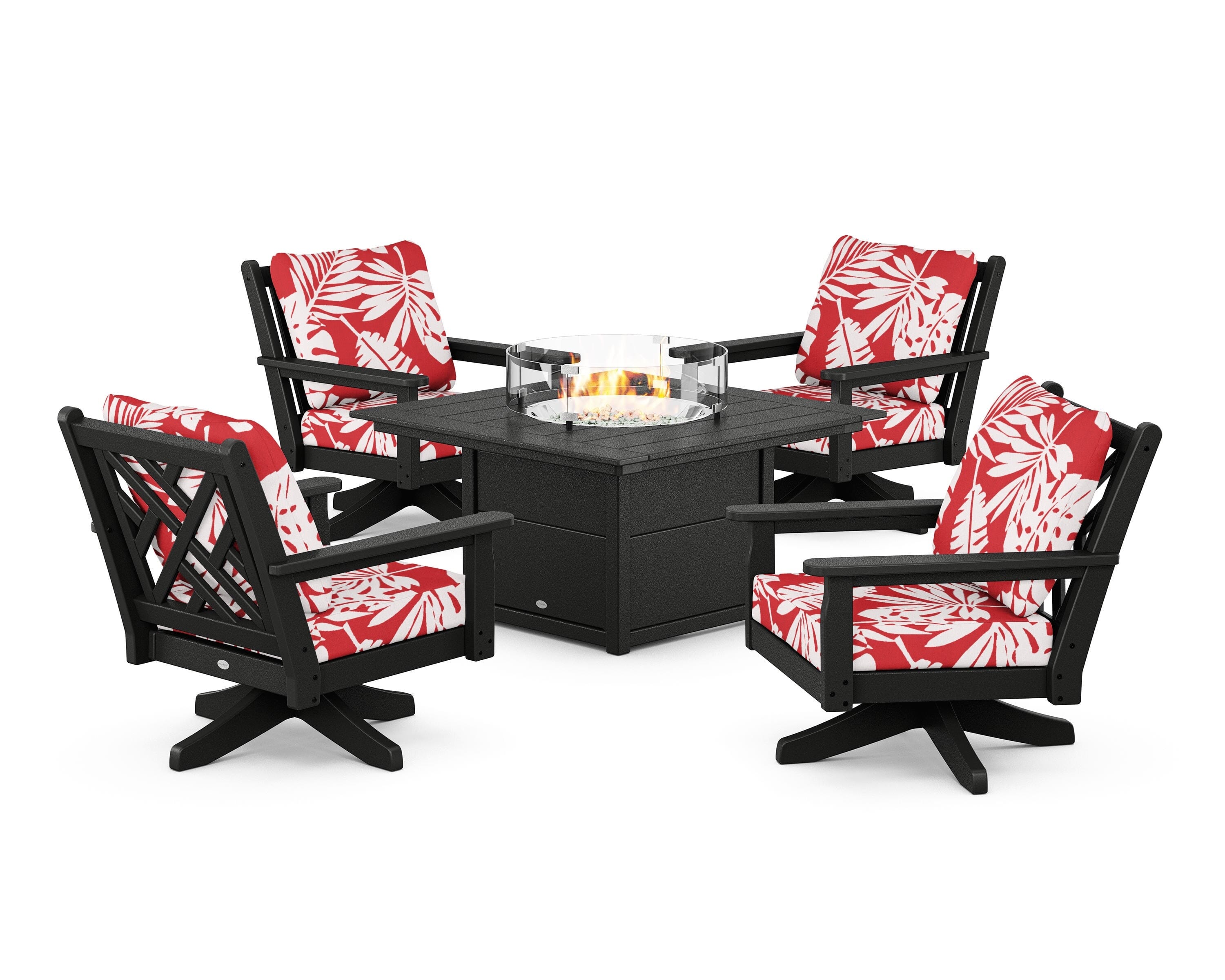POLYWOOD® Chippendale 5-Piece Deep Seating Swivel Conversation Set with Fire Pit Table in Black / Leaf Crimson