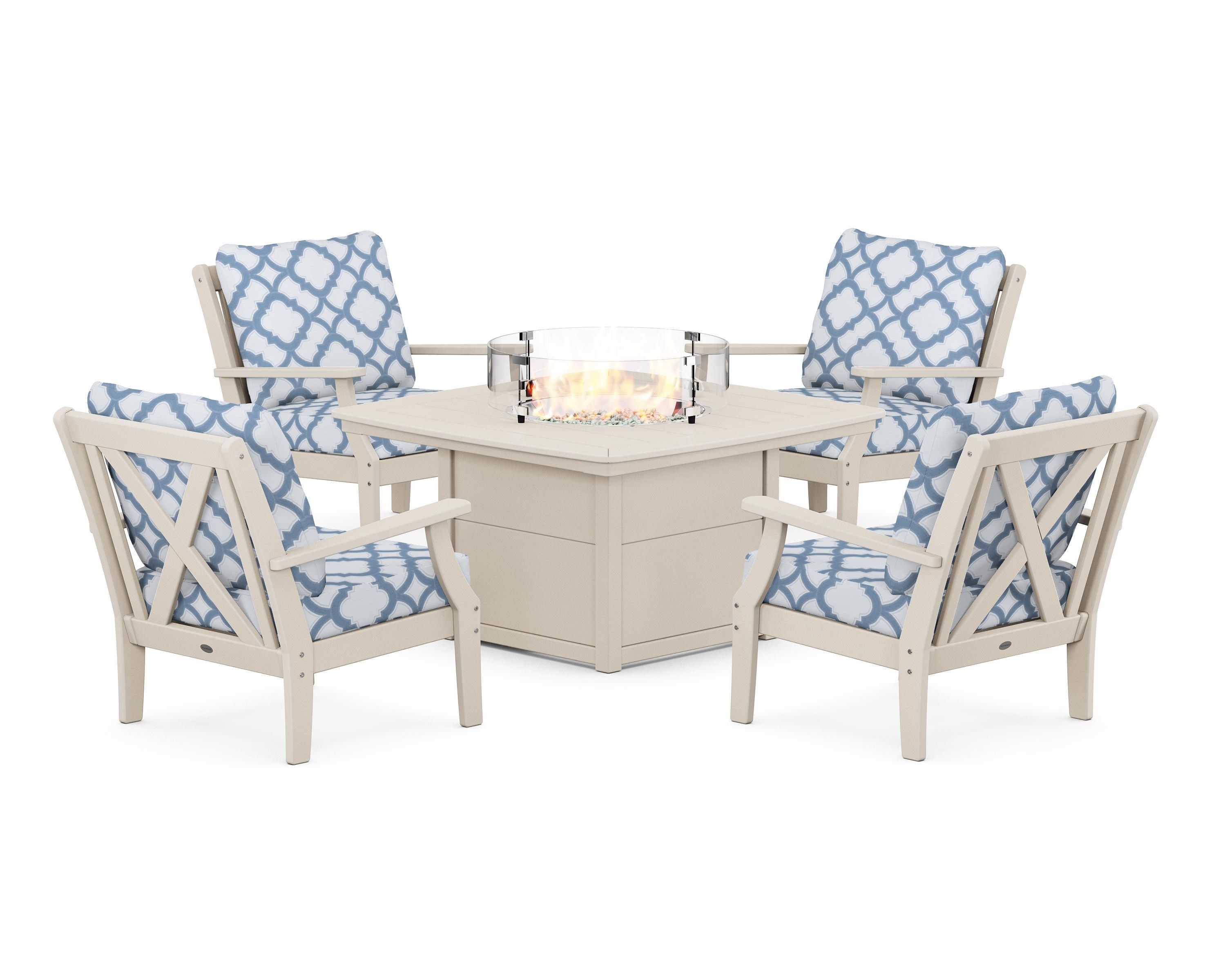 POLYWOOD® Braxton 5-Piece Deep Seating Conversation Set with Fire Pit Table in Sand / Trellis Sky Blue