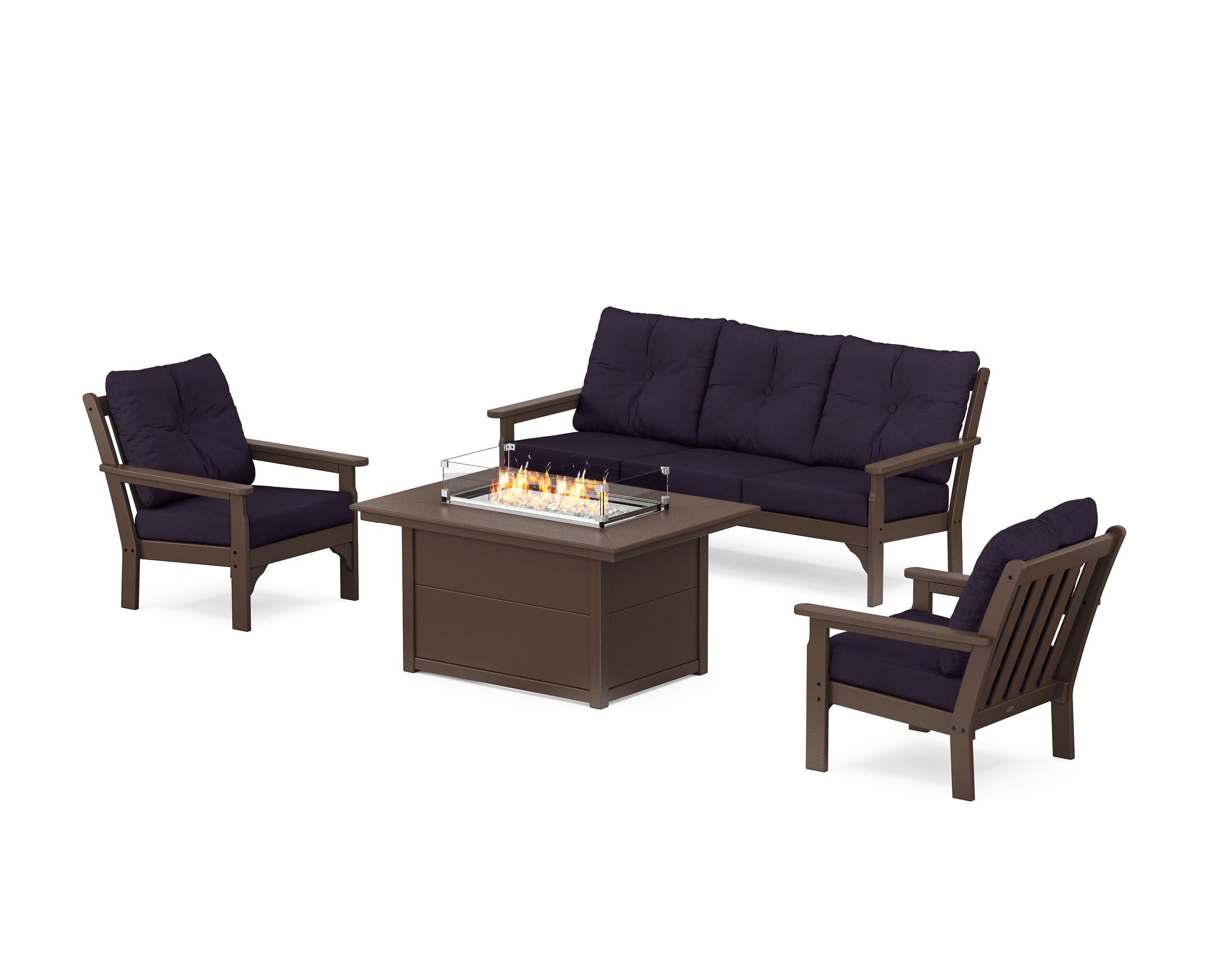 POLYWOOD® Vineyard Deep Seating Fire Pit Table Set in Mahogany / Navy Linen