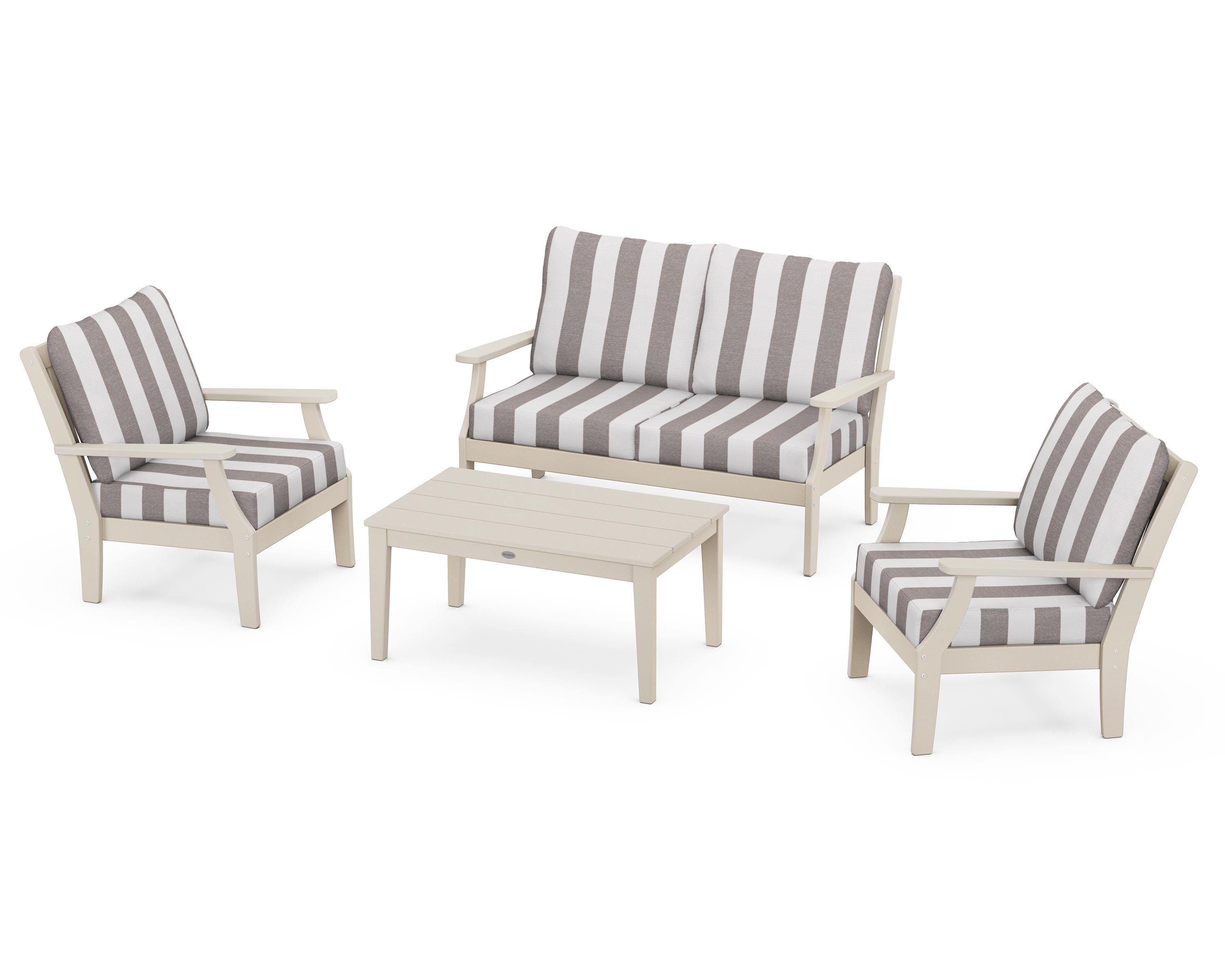 POLYWOOD® Braxton 4-Piece Deep Seating Chair Set in Sand / Cabana Stripe Grey Mist