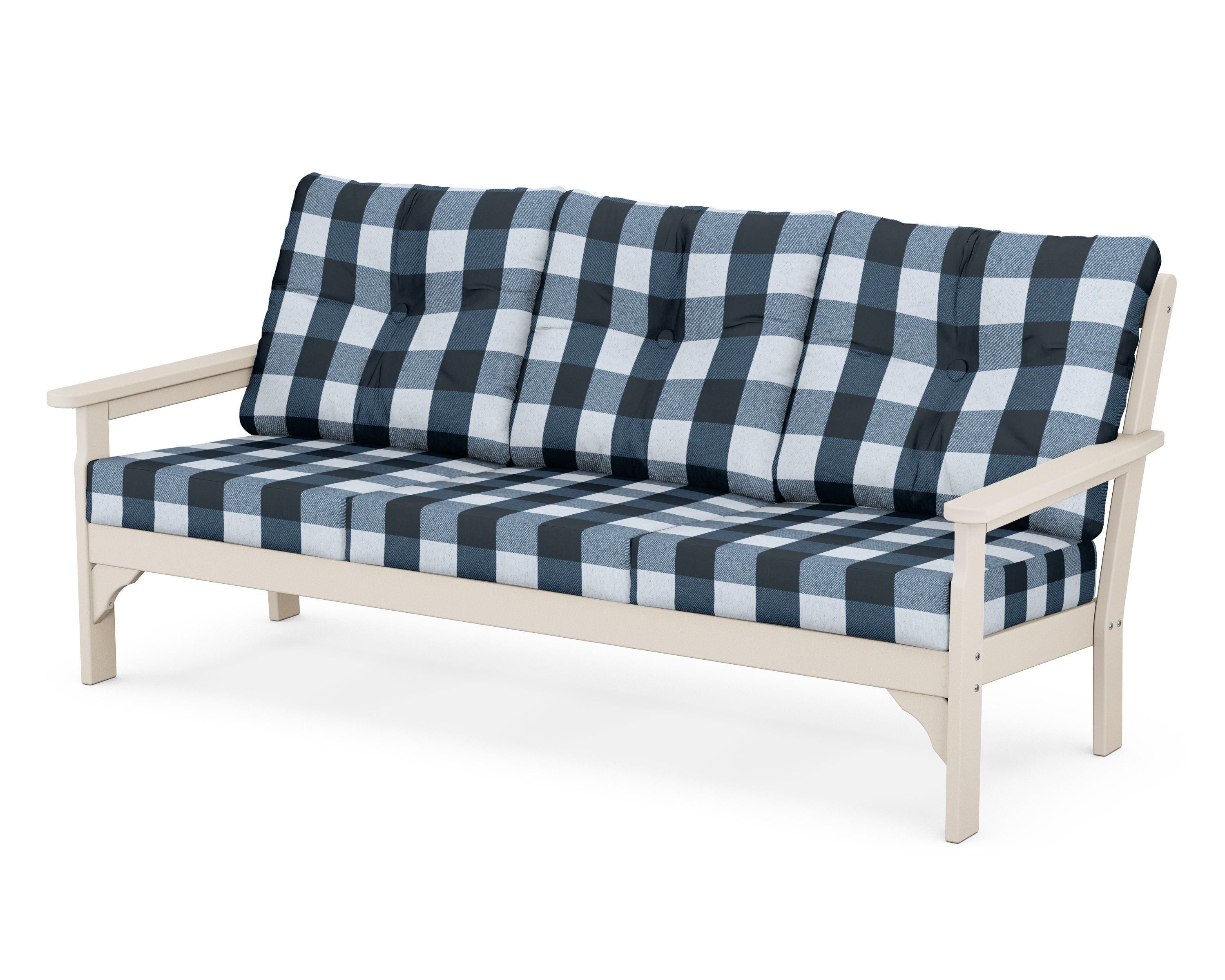 POLYWOOD® Vineyard Deep Seating Sofa in Sand / Buffalo Plaid Marine Indigo