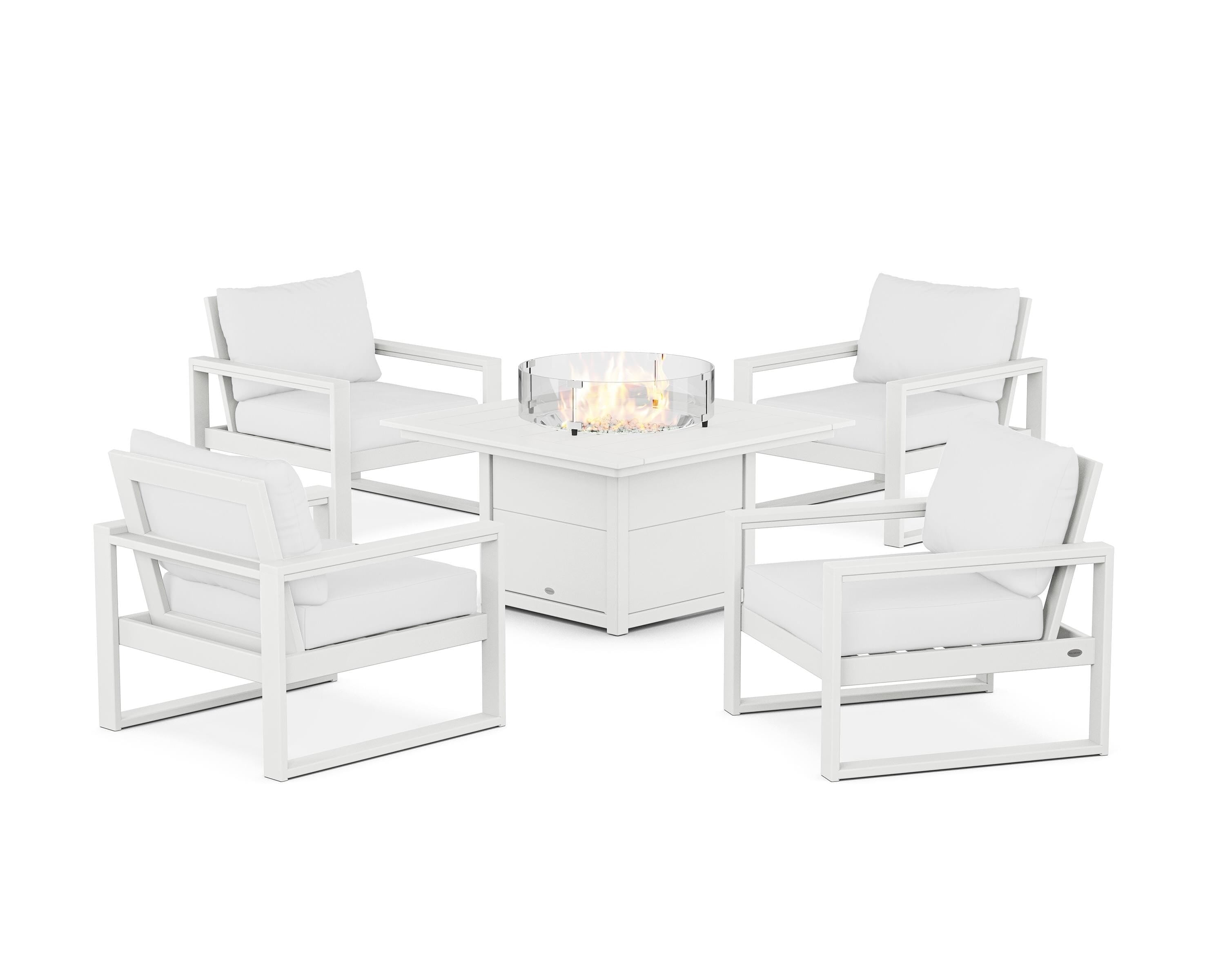 POLYWOOD® EDGE Sectional 5-Piece Deep Seating Set with Fire Pit Table in White / Natural