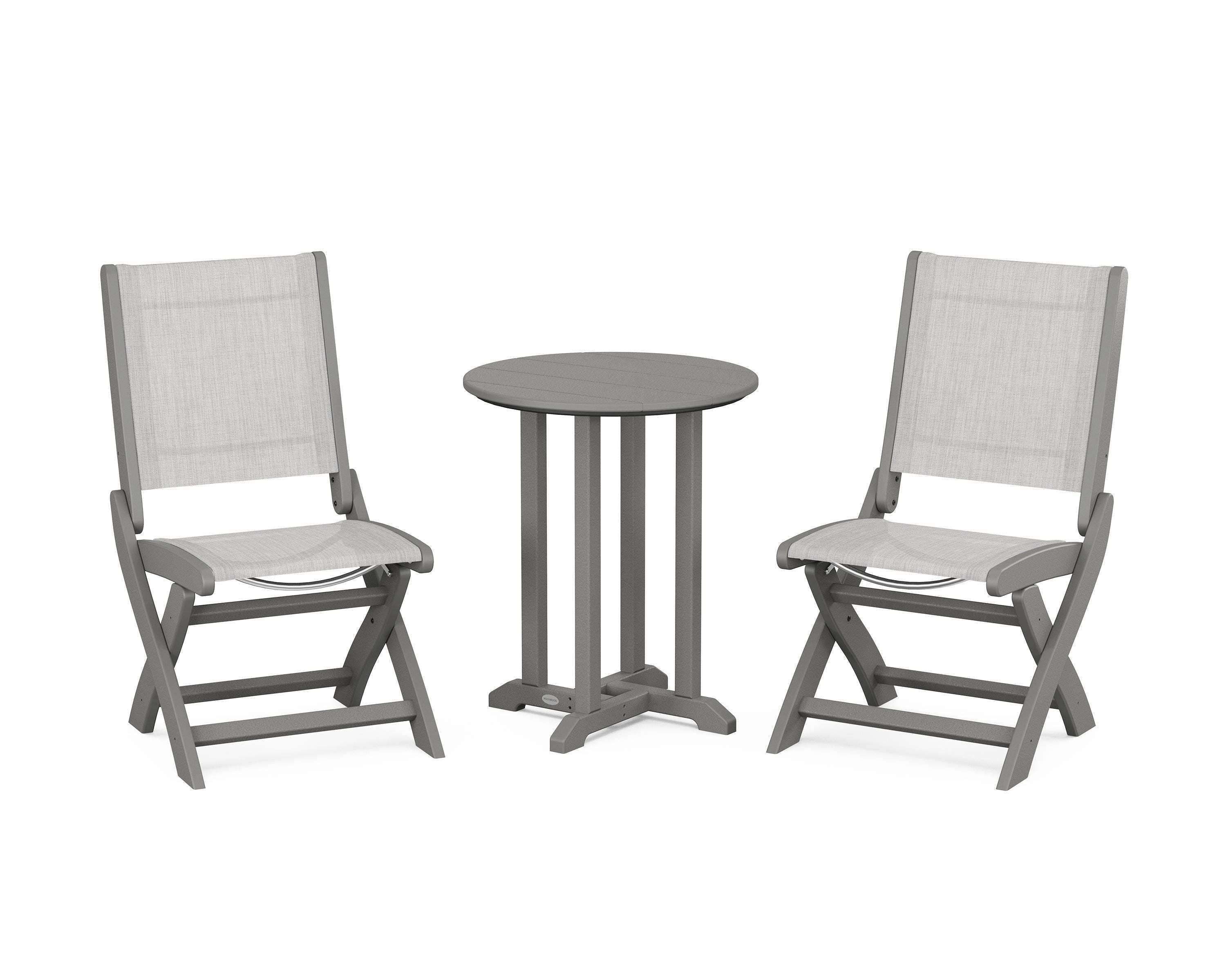 POLYWOOD® Coastal Folding Side Chair 3-Piece Round Bistro Dining Set in Slate Grey / Parchment Sling