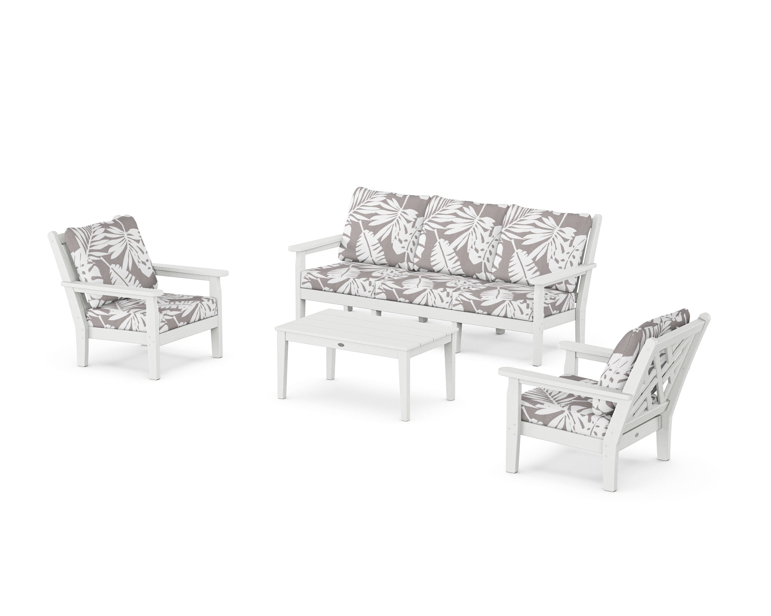 POLYWOOD® Chippendale 4-Piece Deep Seating Set with Sofa in White / Leaf Grey Mist