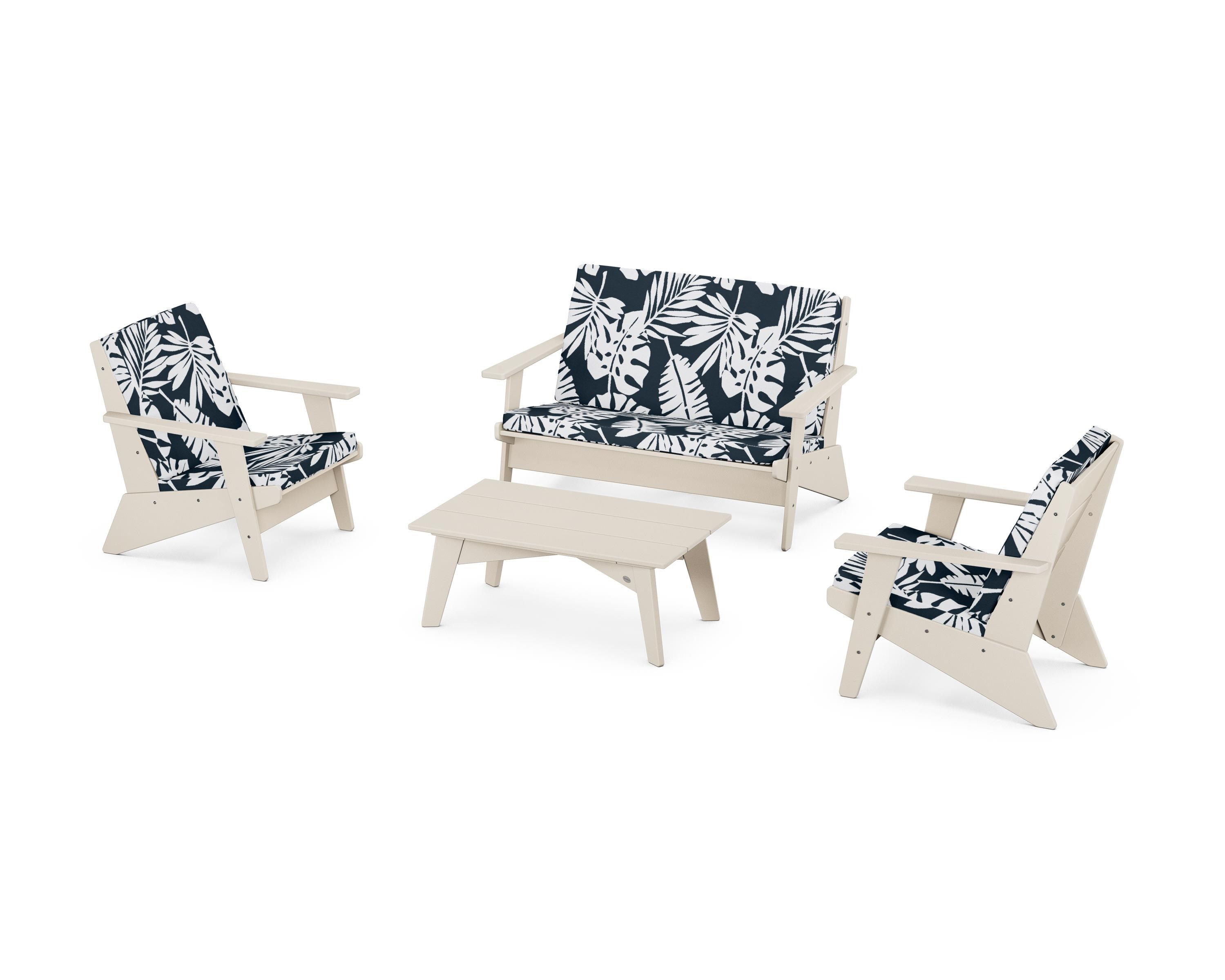 POLYWOOD® Riviera Modern Lounge 4-Piece Set in Sand / Leaf Marine Indigo