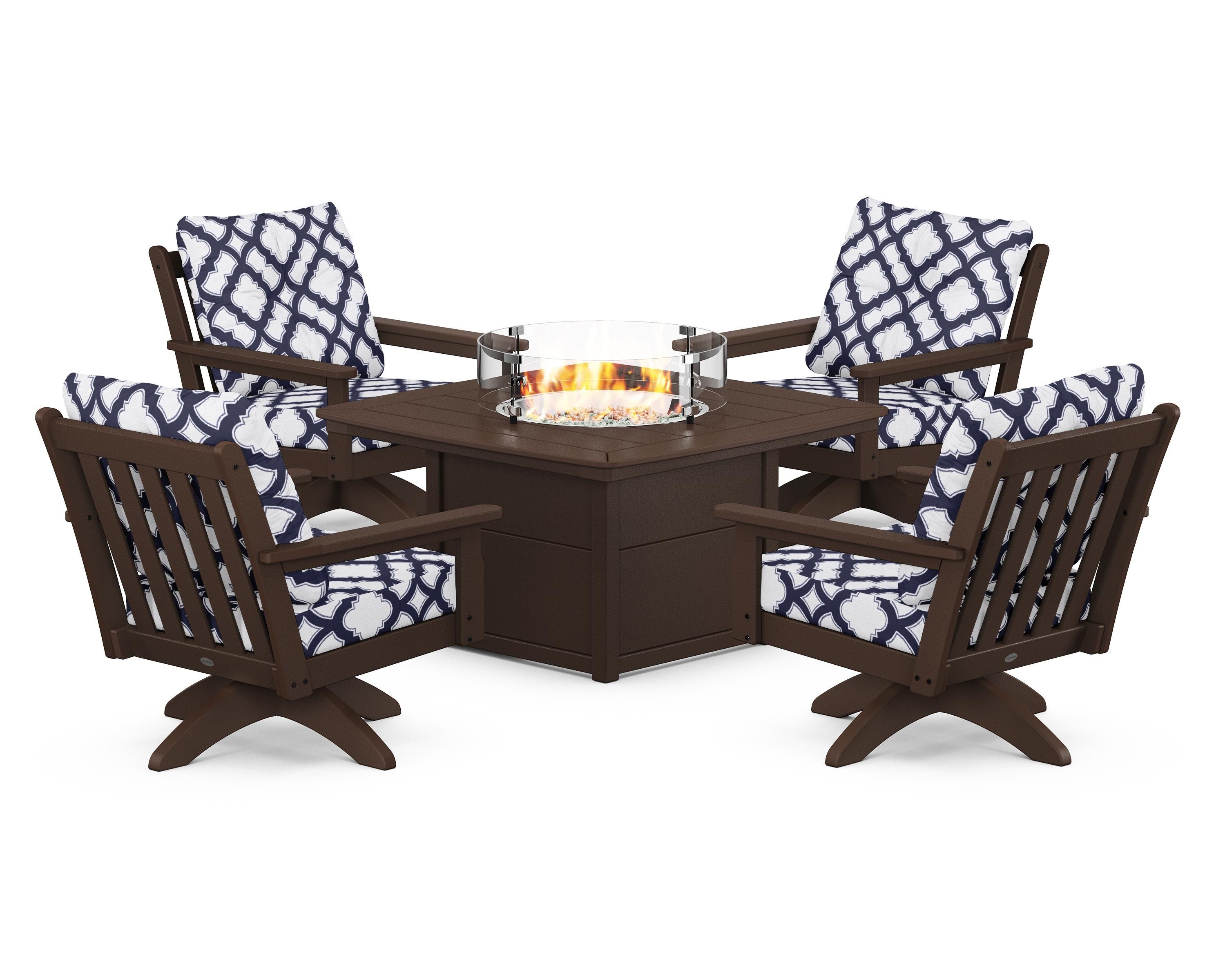 POLYWOOD® Vineyard 5-Piece Deep Seating Swivel Conversation Set with Fire Pit Table in Mahogany / Trellis Navy