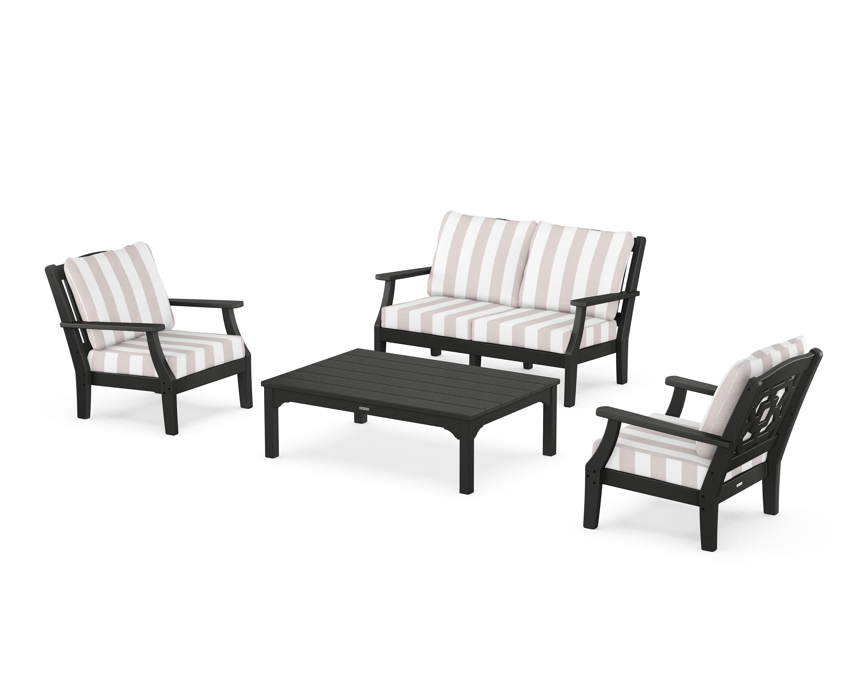 Martha Stewart by POLYWOOD® Chinoiserie 4-Piece Deep Seating Set with Loveseat in Black / Cabana Stripe Dune Burlap