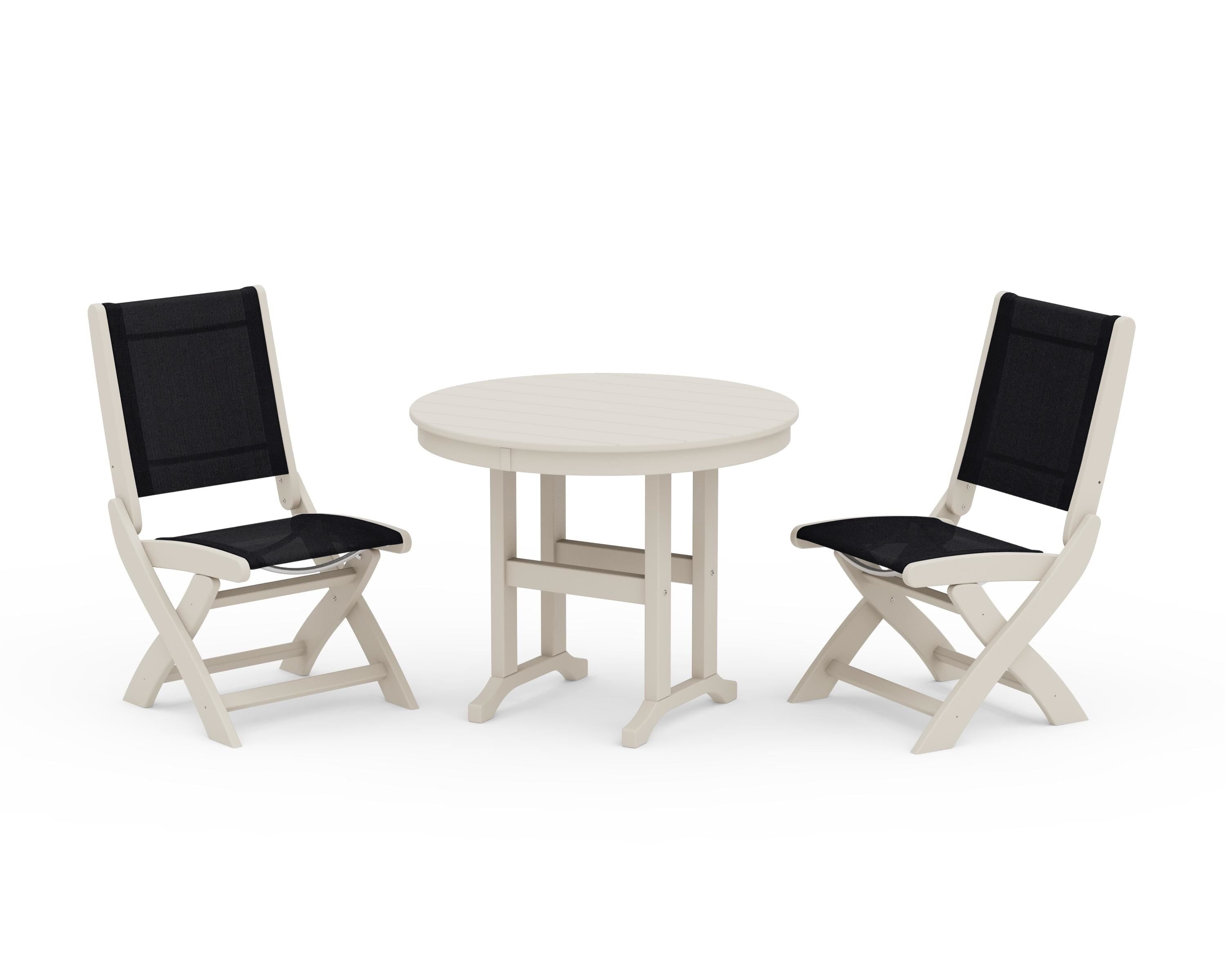 POLYWOOD® Coastal Folding Side Chair 3-Piece Round Dining Set in Sand / Black Sling