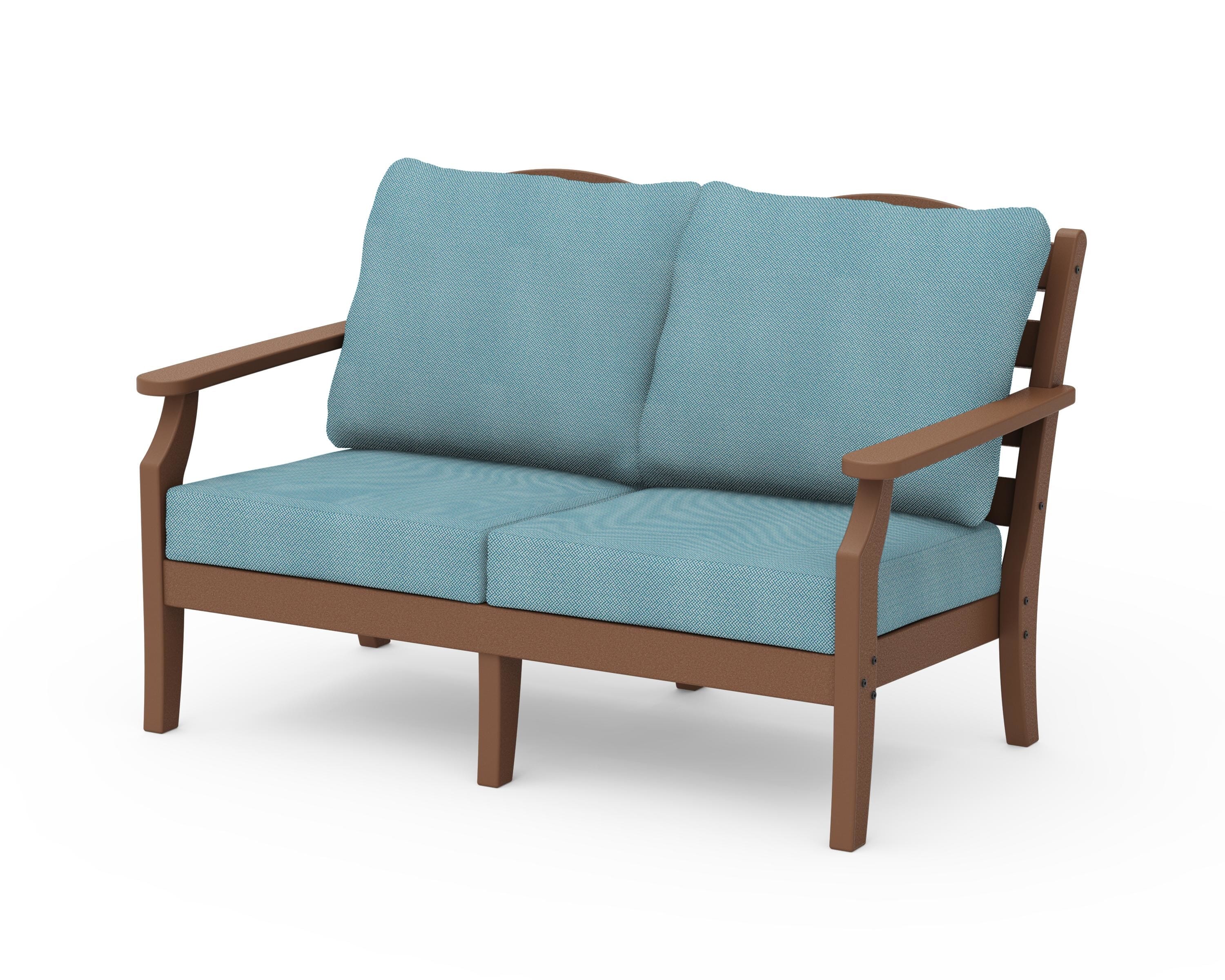 Draper James™ by POLYWOOD® Savannah Deep Seating Loveseat in Teak / Lattice Sky Blue