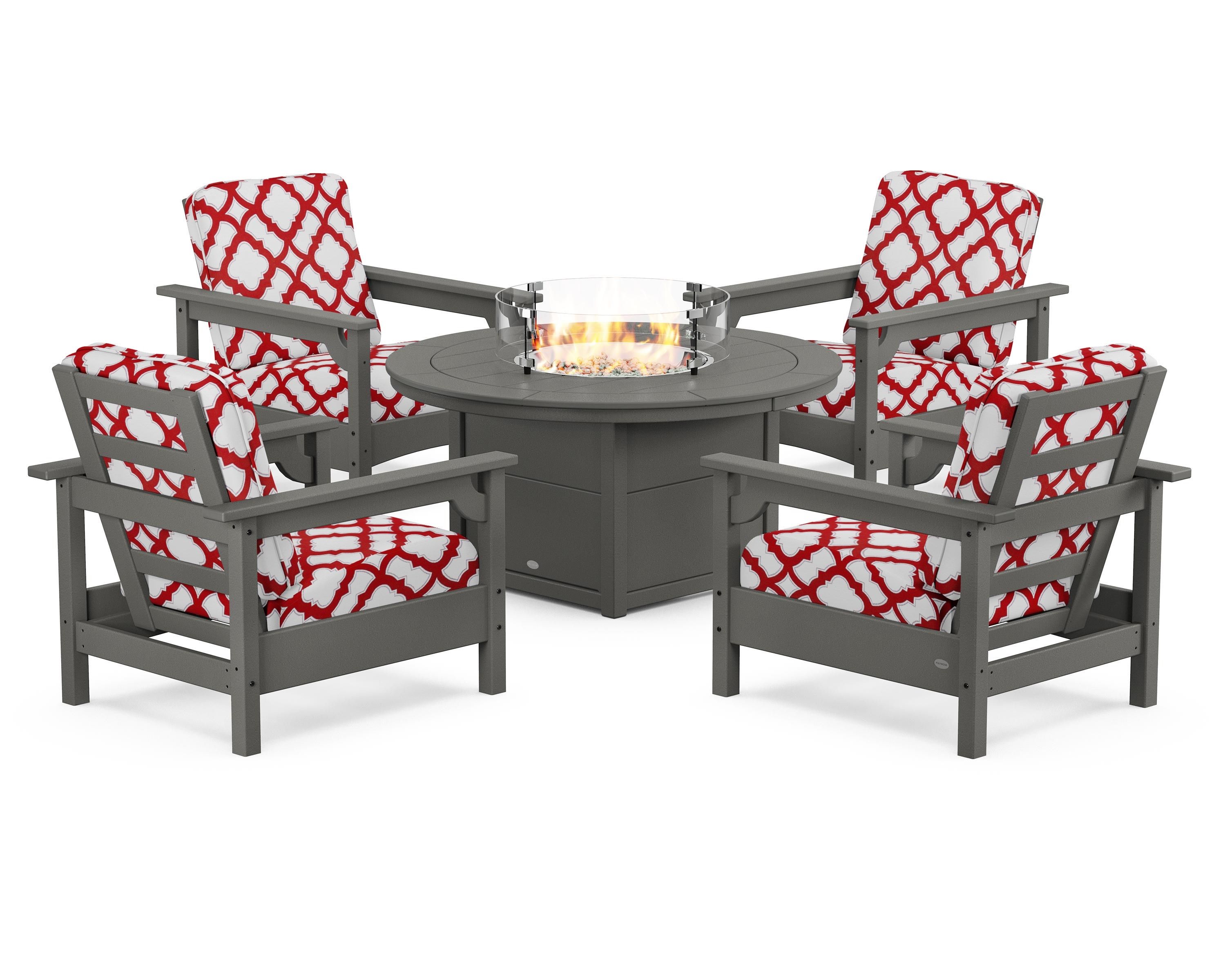 POLYWOOD® Club 5-Piece Conversation Set with Fire Pit Table in Slate Grey / Trellis Crimson