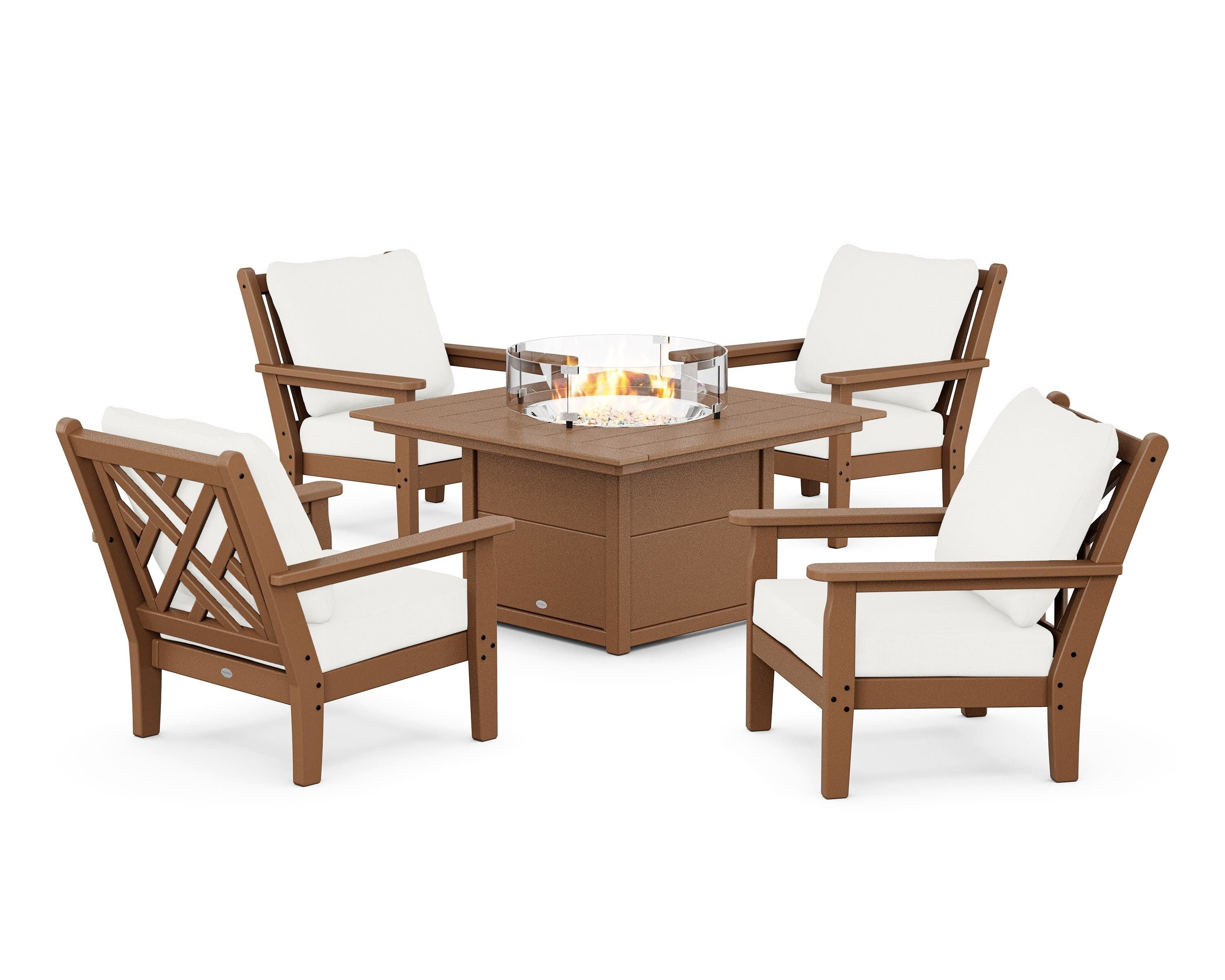 POLYWOOD® Chippendale 5-Piece Deep Seating Set with Fire Pit Table in Teak / Natural Linen