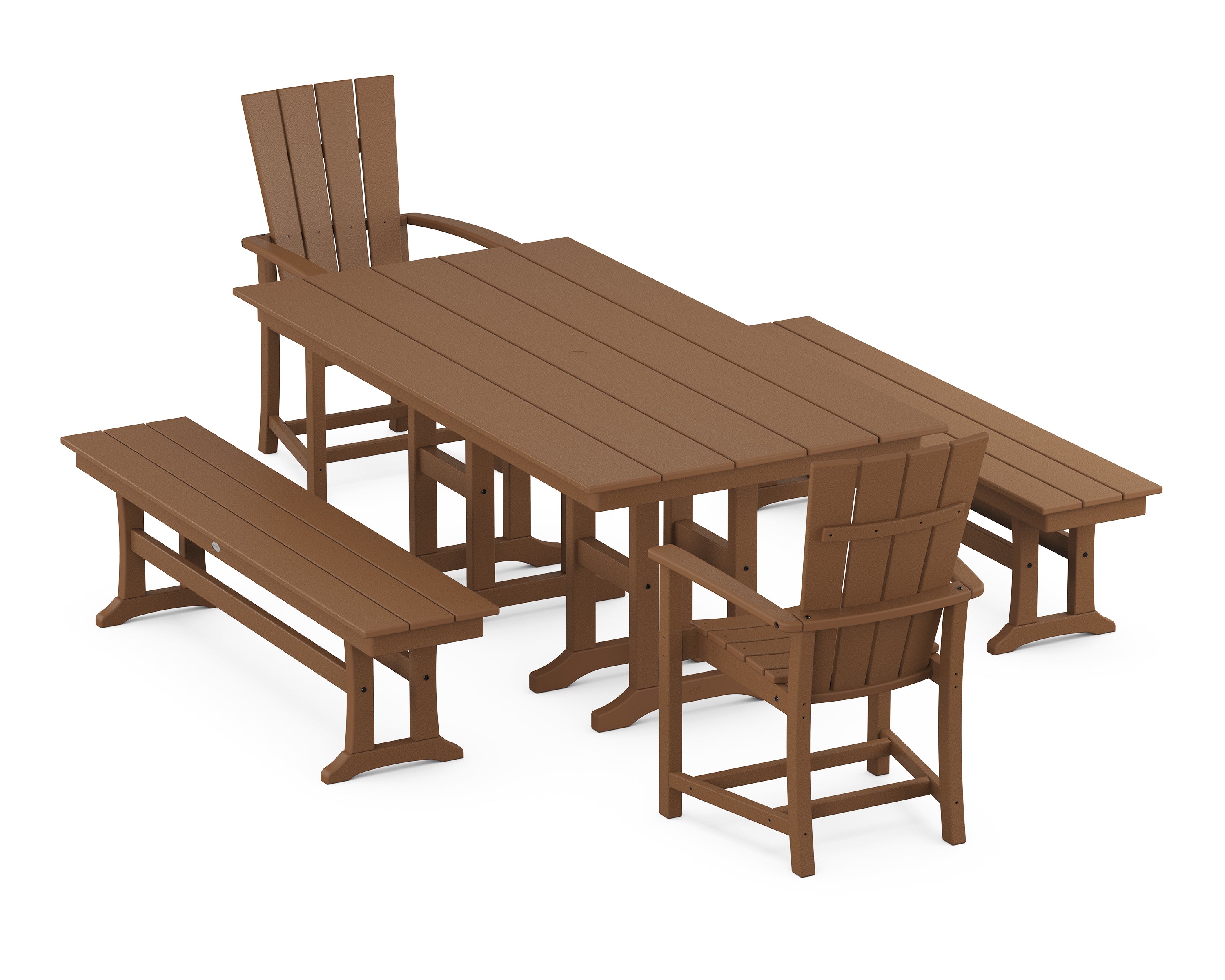 POLYWOOD® Quattro 5-Piece Farmhouse Dining Set with Benches in Teak