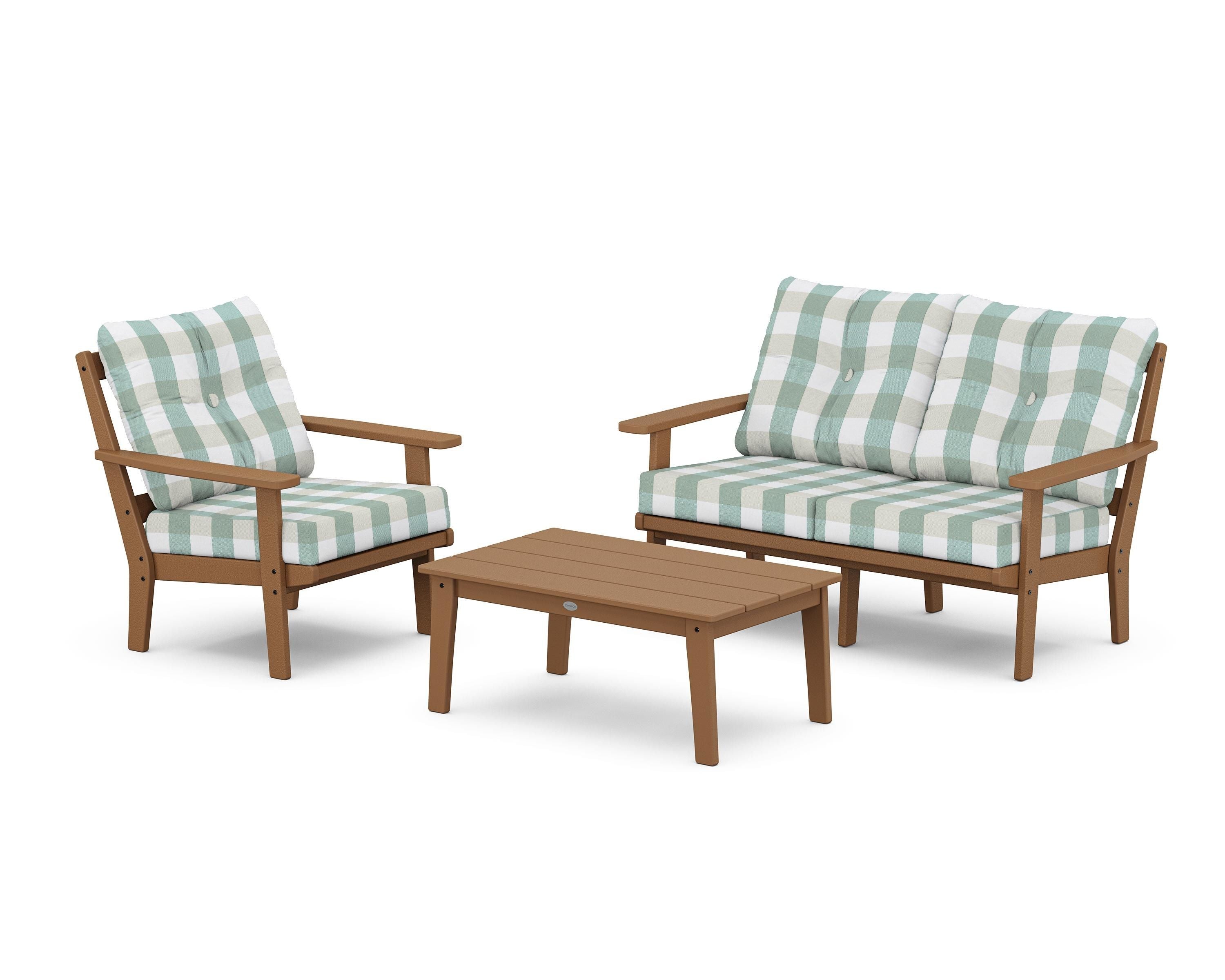 POLYWOOD® Oxford 3-Piece Deep Seating Set with Loveseat in Teak / Buffalo Plaid Glacier Spa