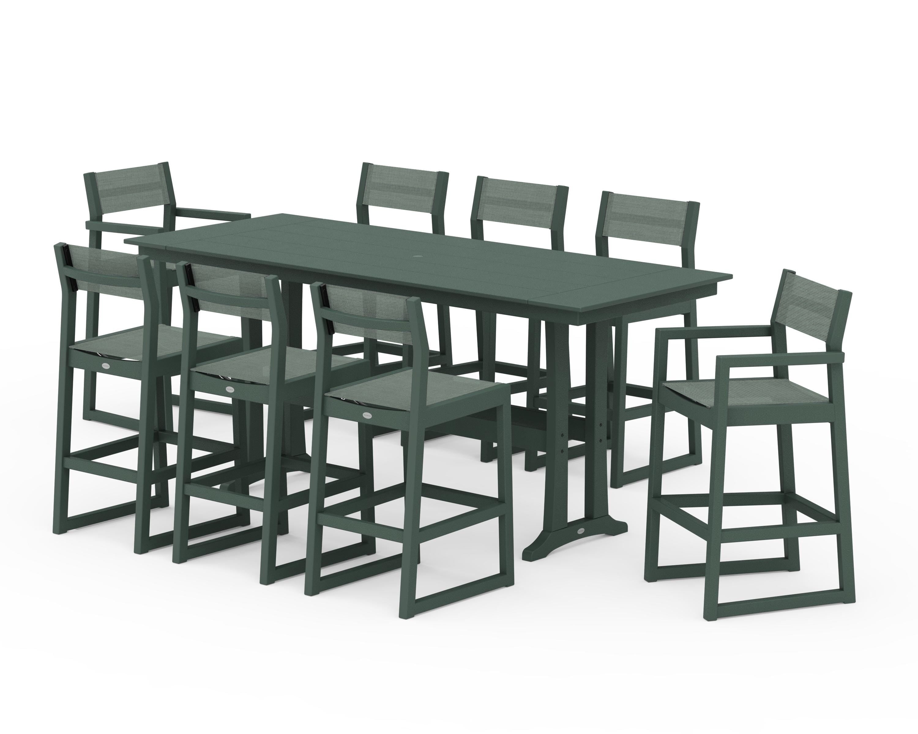 POLYWOOD® EDGE Sling 9-Piece Farmhouse Bar Set with Trestle Legs in Green / Dupioni Sea Mist Sling