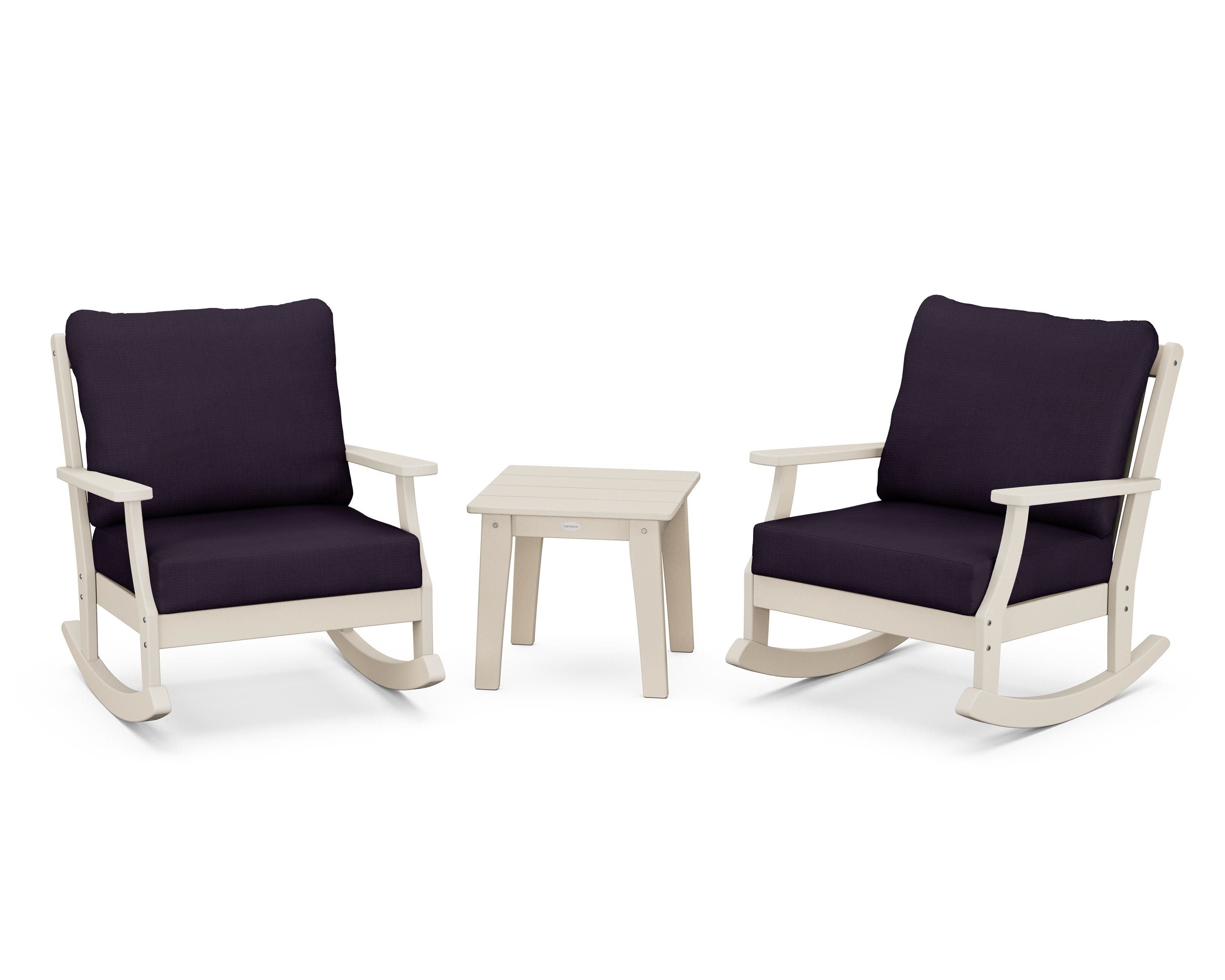 POLYWOOD® Braxton 3-Piece Deep Seating Rocker Set in Sand / Navy Linen