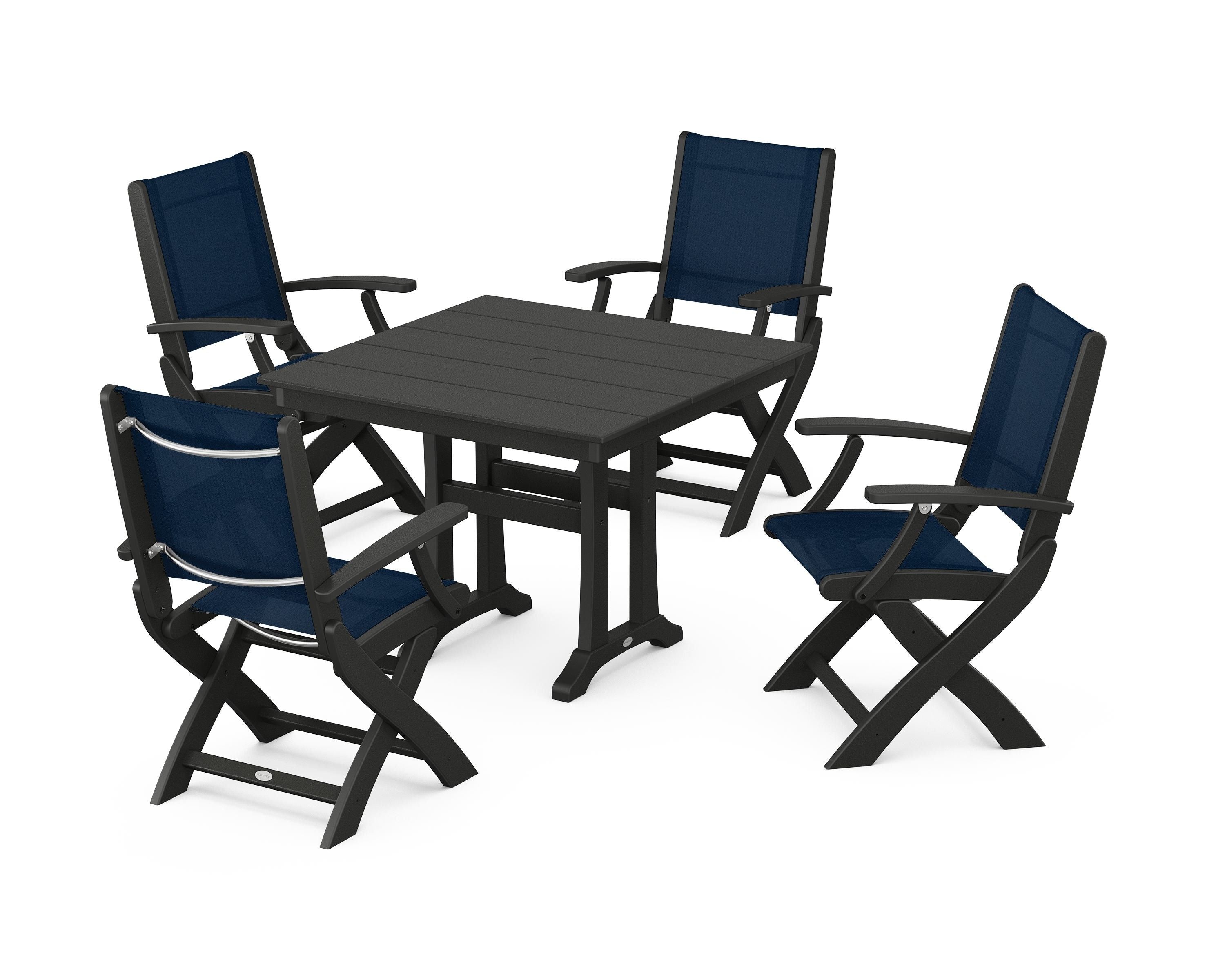 POLYWOOD® Coastal Folding Chair 5-Piece Farmhouse Dining Set With Trestle Legs in Black / Navy Blue Sling