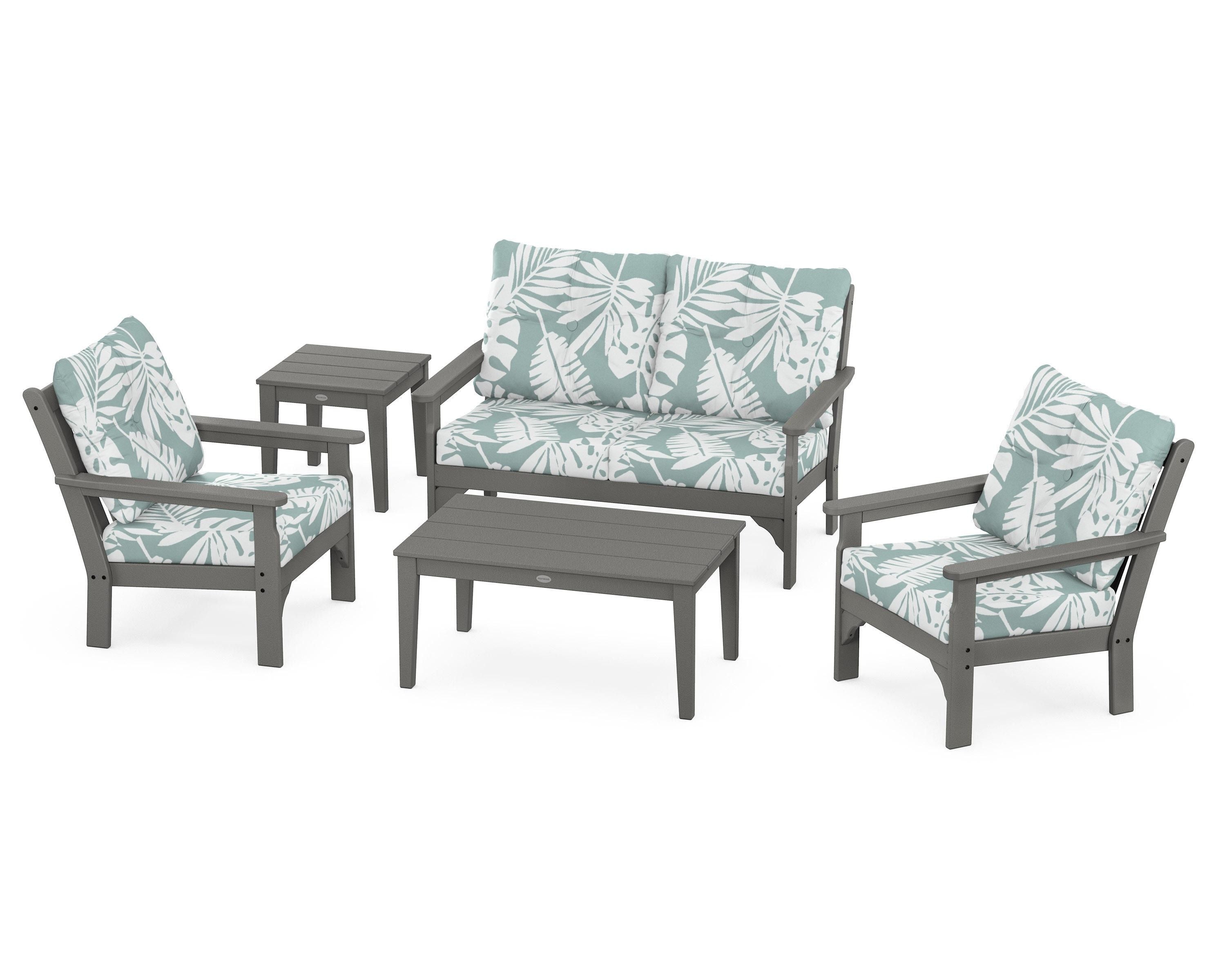 POLYWOOD® Vineyard 5-Piece Deep Seating Set in Slate Grey / Leaf Glacier Spa