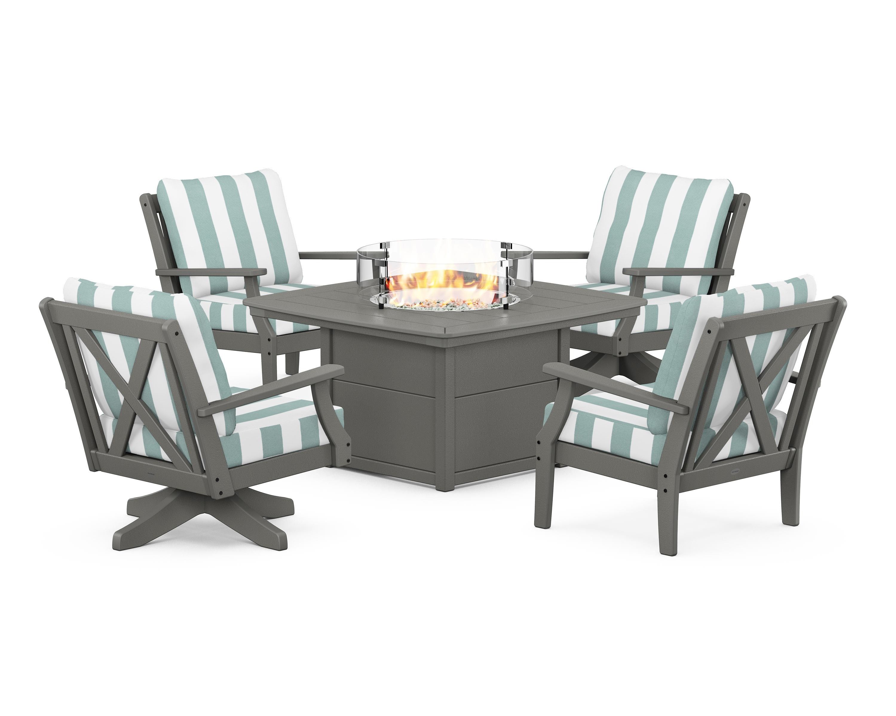 POLYWOOD® Braxton 5-Piece Deep Seating Set with Fire Table in Slate Grey / Cabana Stripe Glacier Spa