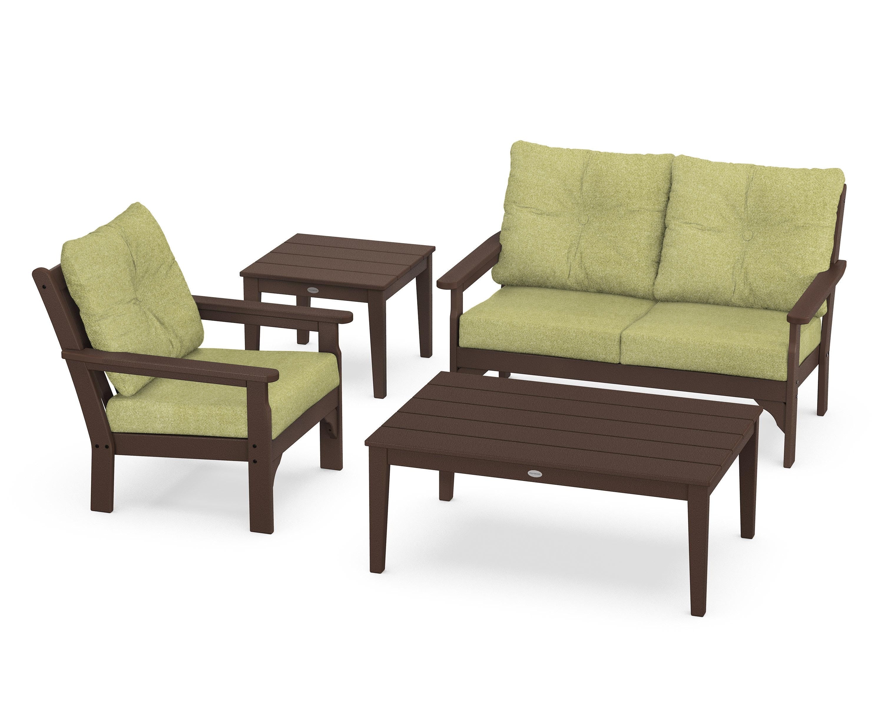 POLYWOOD® Vineyard 4-Piece Deep Seating Set in Mahogany / Chartreuse Boucle