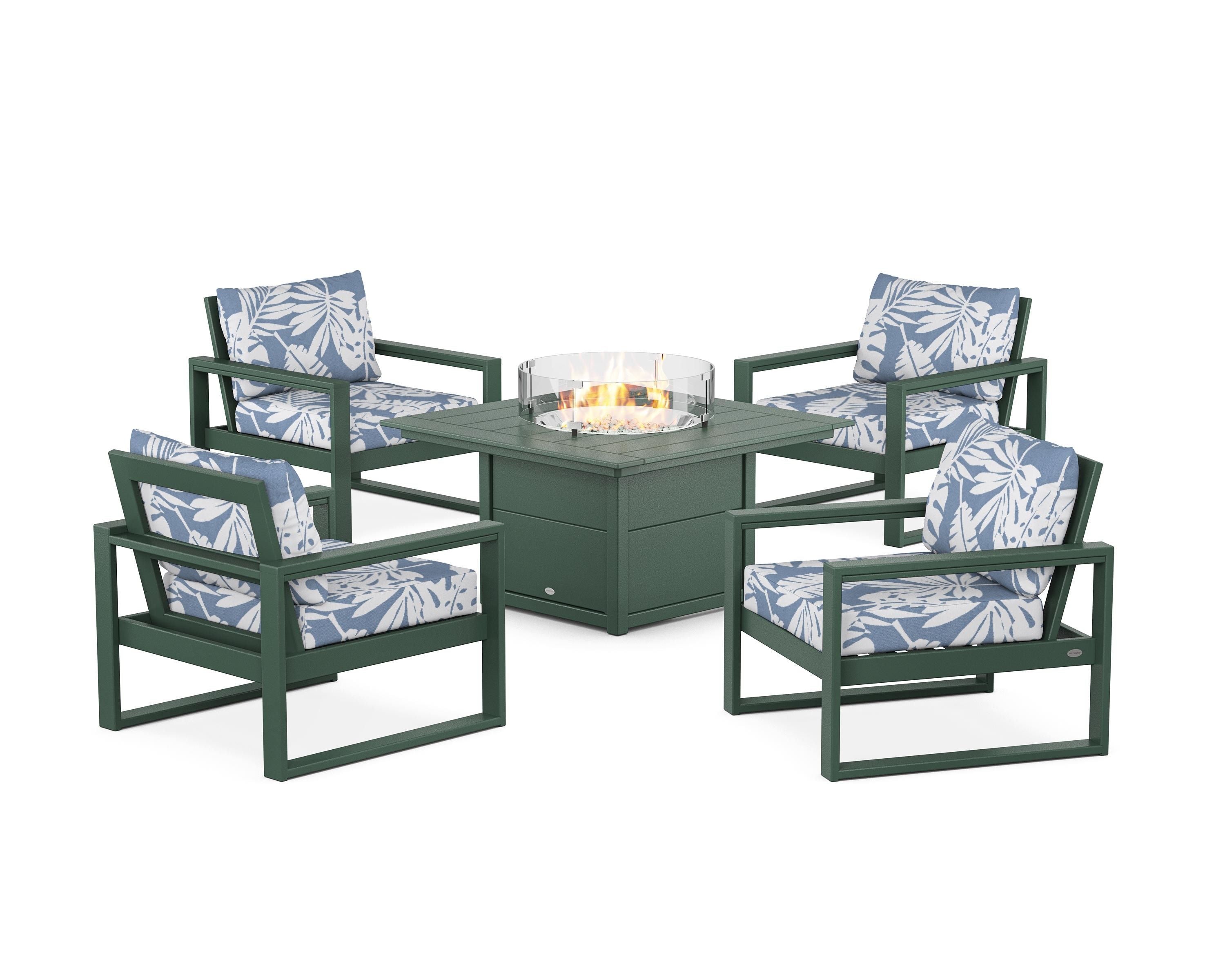 POLYWOOD® EDGE Sectional 5-Piece Deep Seating Set with Fire Pit Table in Green / Leaf Sky Blue