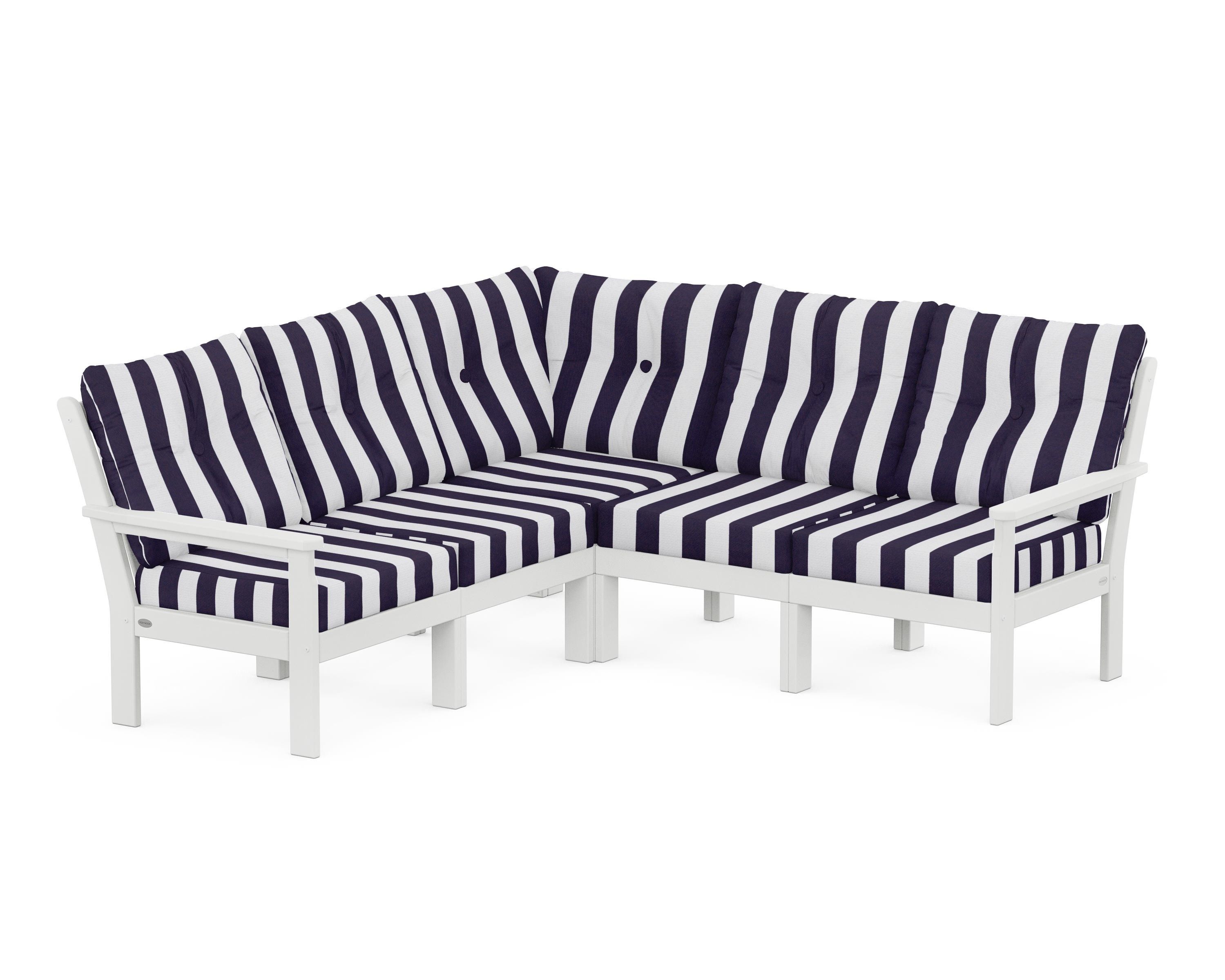 POLYWOOD® Vineyard 5-Piece Sectional in White / Cabana Stripe Navy