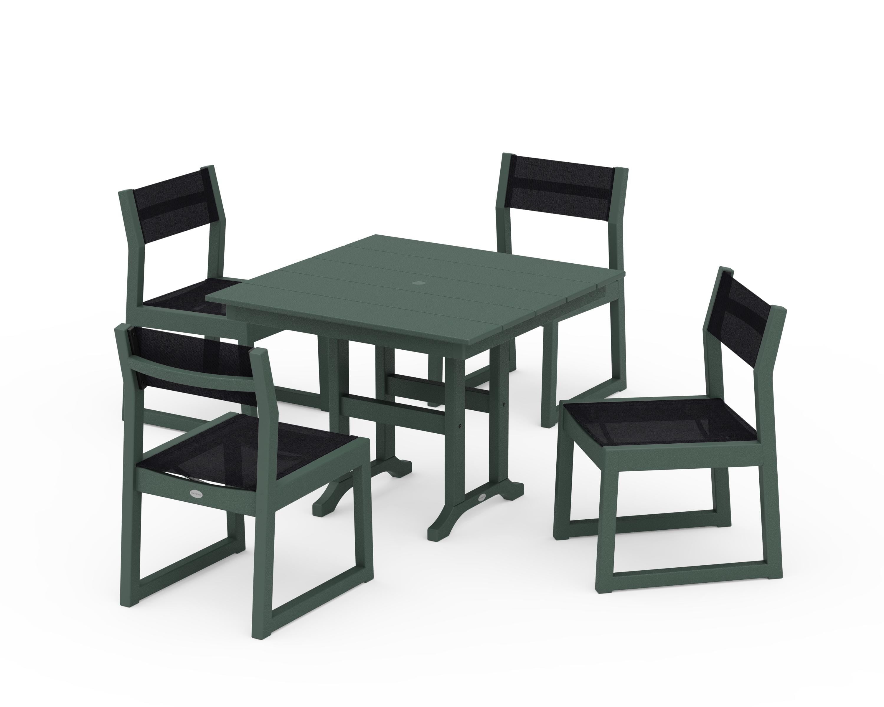 POLYWOOD® EDGE Sling Side Chair 5-Piece Farmhouse Dining Set in Green / Black Sling