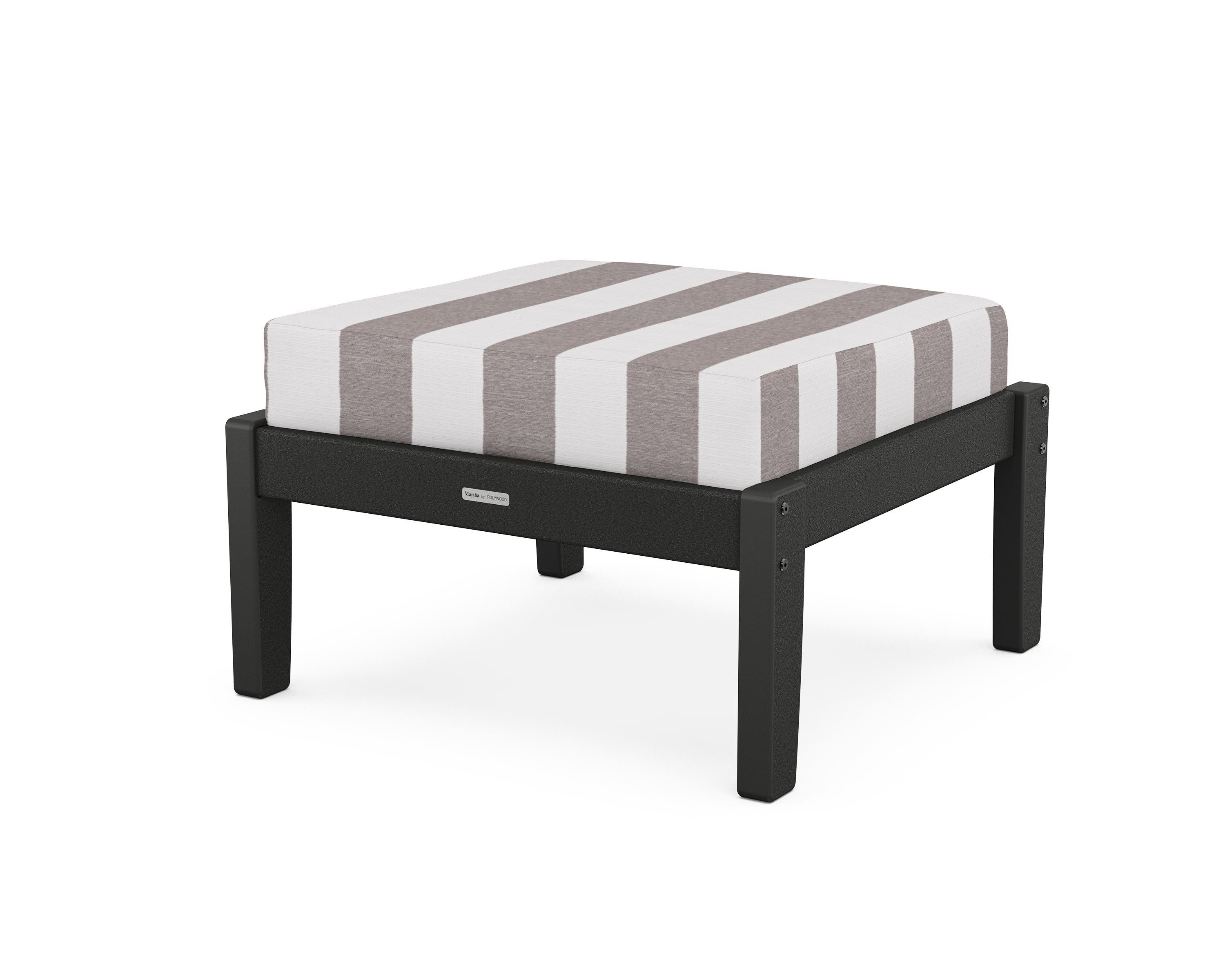 Martha Stewart by POLYWOOD® Chinoiserie Deep Seating Ottoman in Black / Cabana Stripe Grey Mist