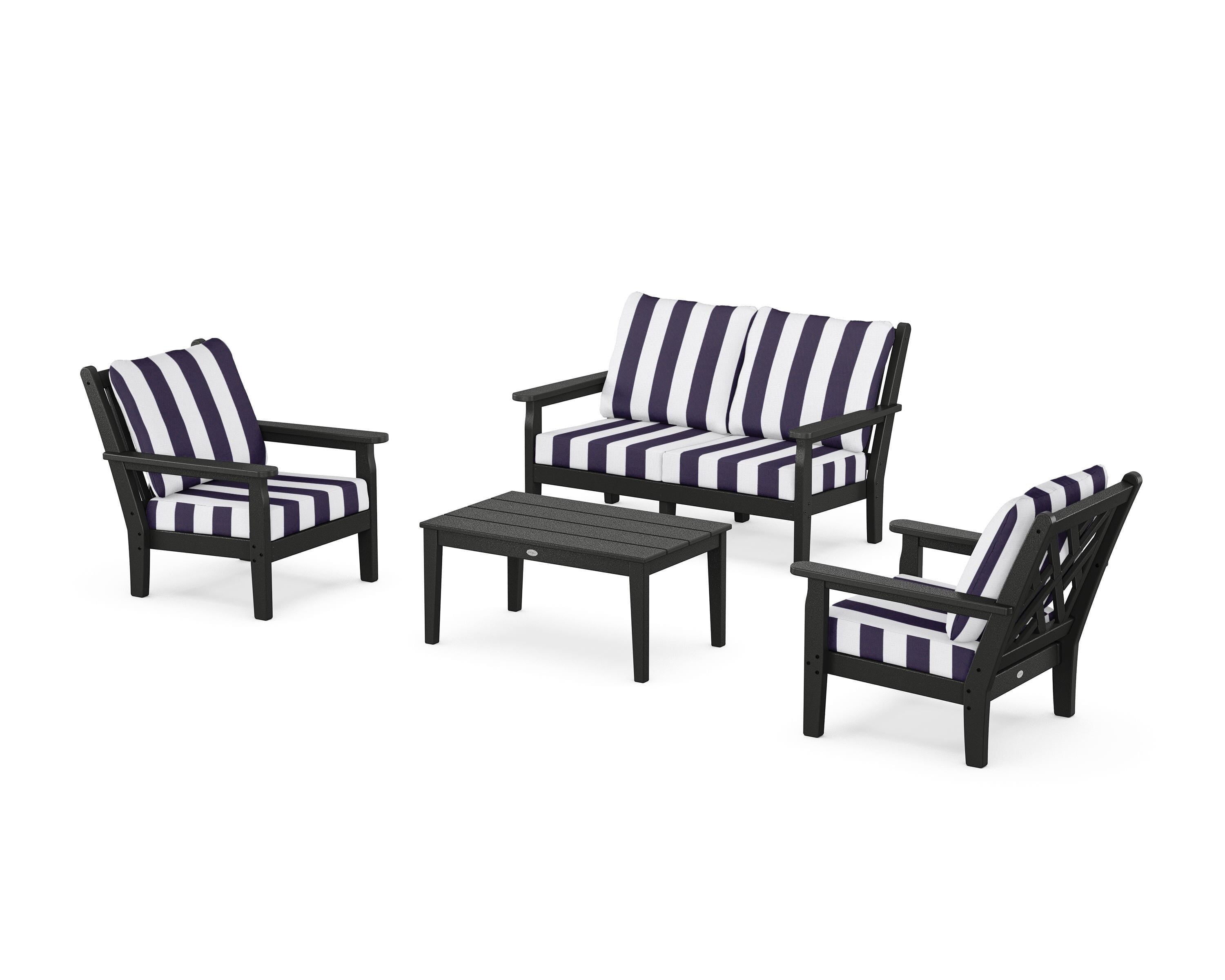 POLYWOOD® Chippendale 4-Piece Deep Seating Set with Loveseat in Black / Cabana Stripe Navy