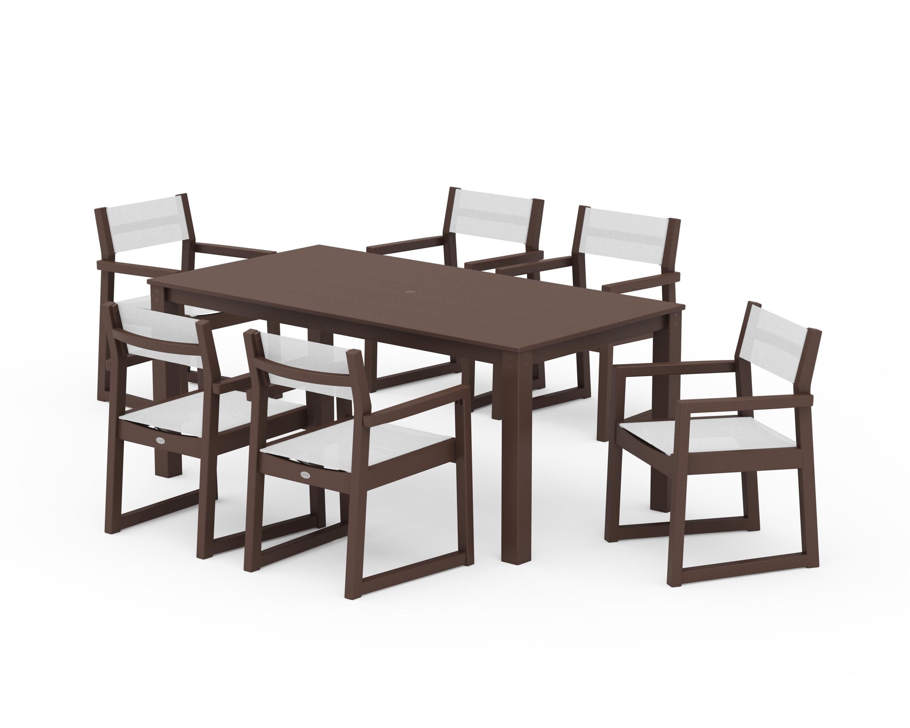 POLYWOOD® EDGE Sling Arm Chair 7-Piece Parsons Dining Set in Mahogany / White Sling