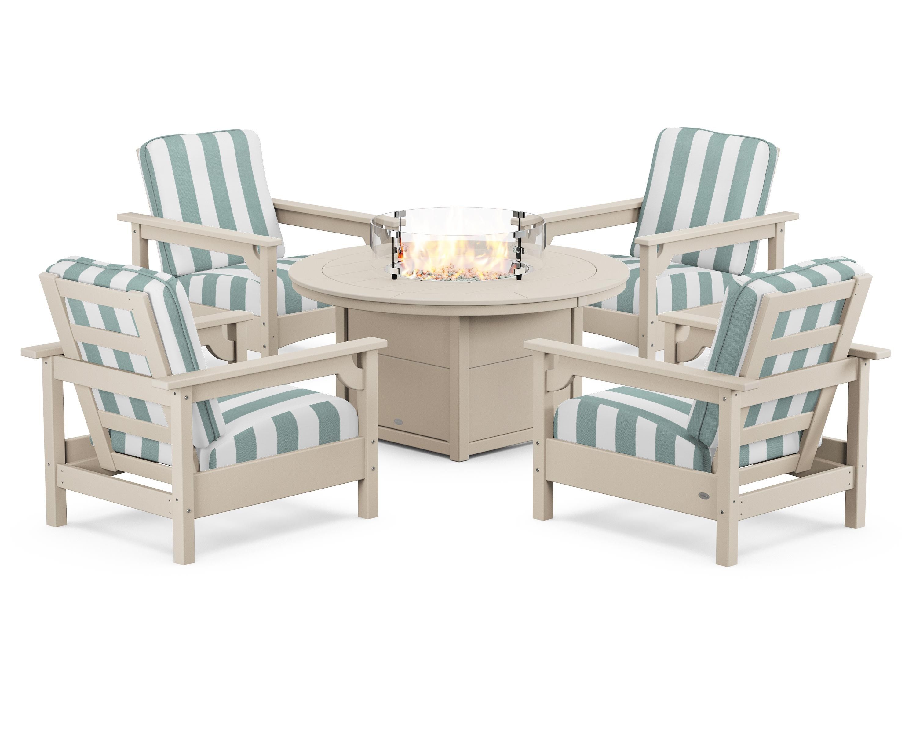 POLYWOOD® Club 5-Piece Conversation Set with Fire Pit Table in Sand / Cabana Stripe Glacier Spa