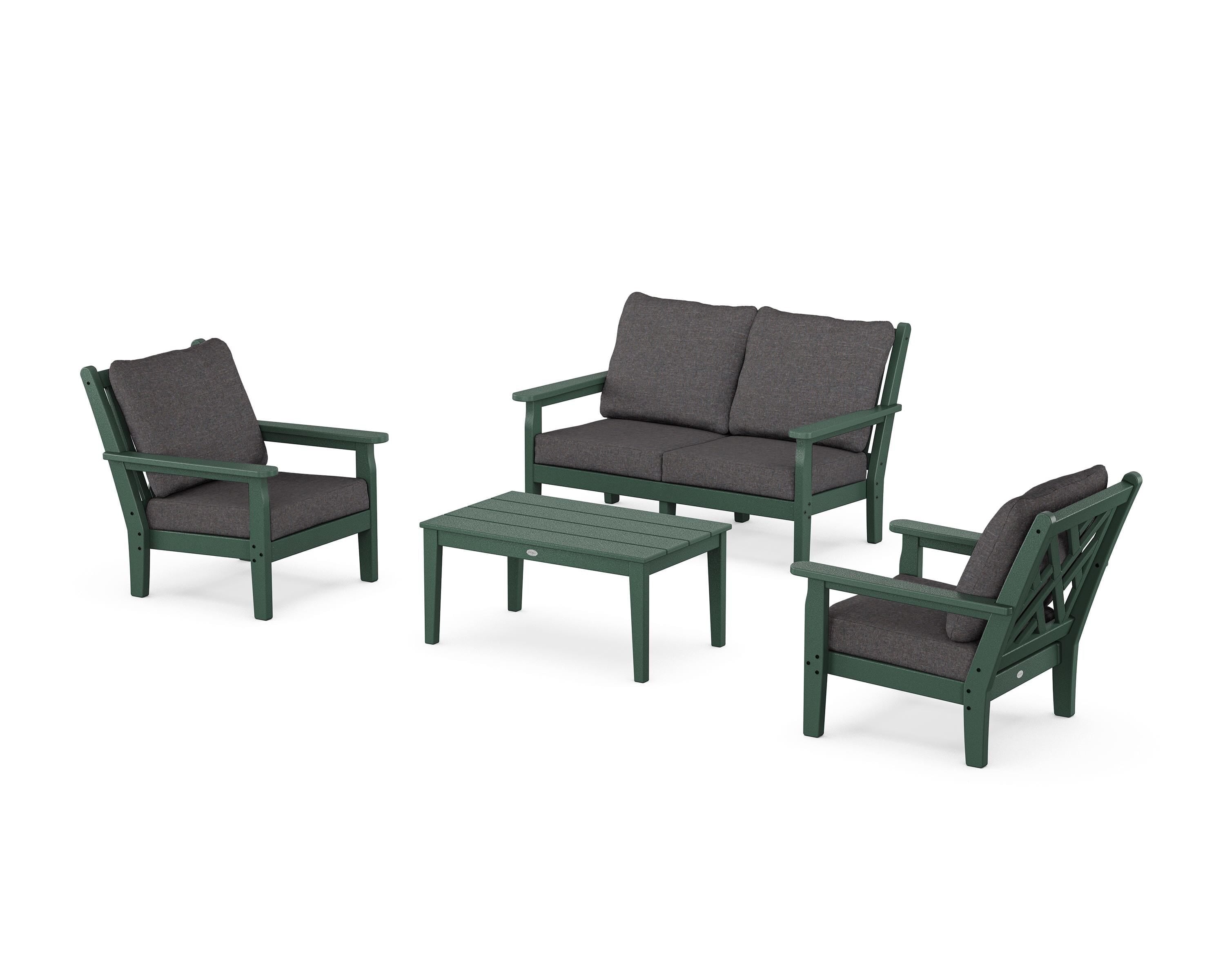 POLYWOOD® Chippendale 4-Piece Deep Seating Set with Loveseat in Green / Ash Charcoal