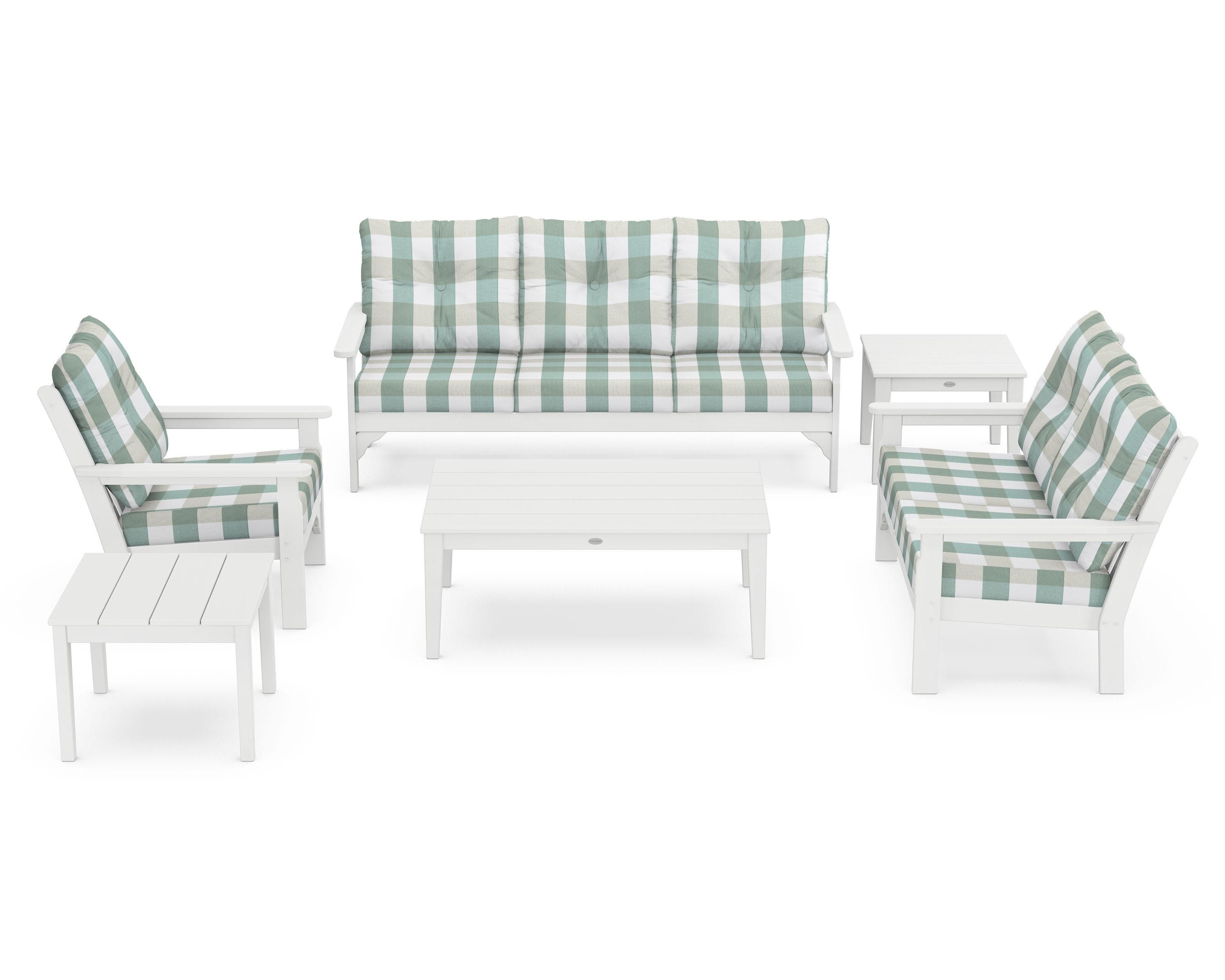 POLYWOOD® Vineyard 6-Piece Deep Seating Set in White / Buffalo Plaid Glacier Spa