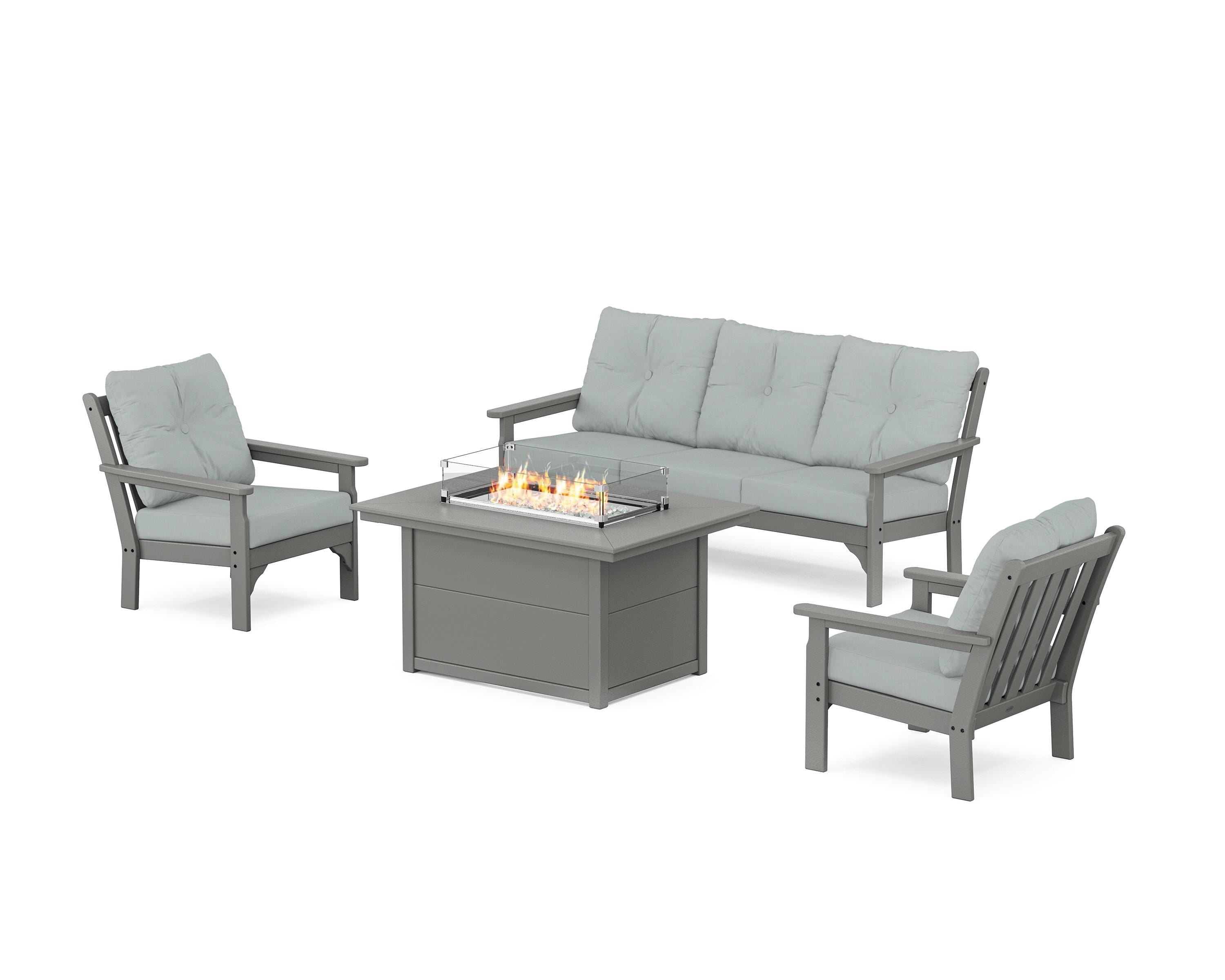 POLYWOOD® Vineyard Deep Seating Fire Pit Table Set in Slate Grey / Spa